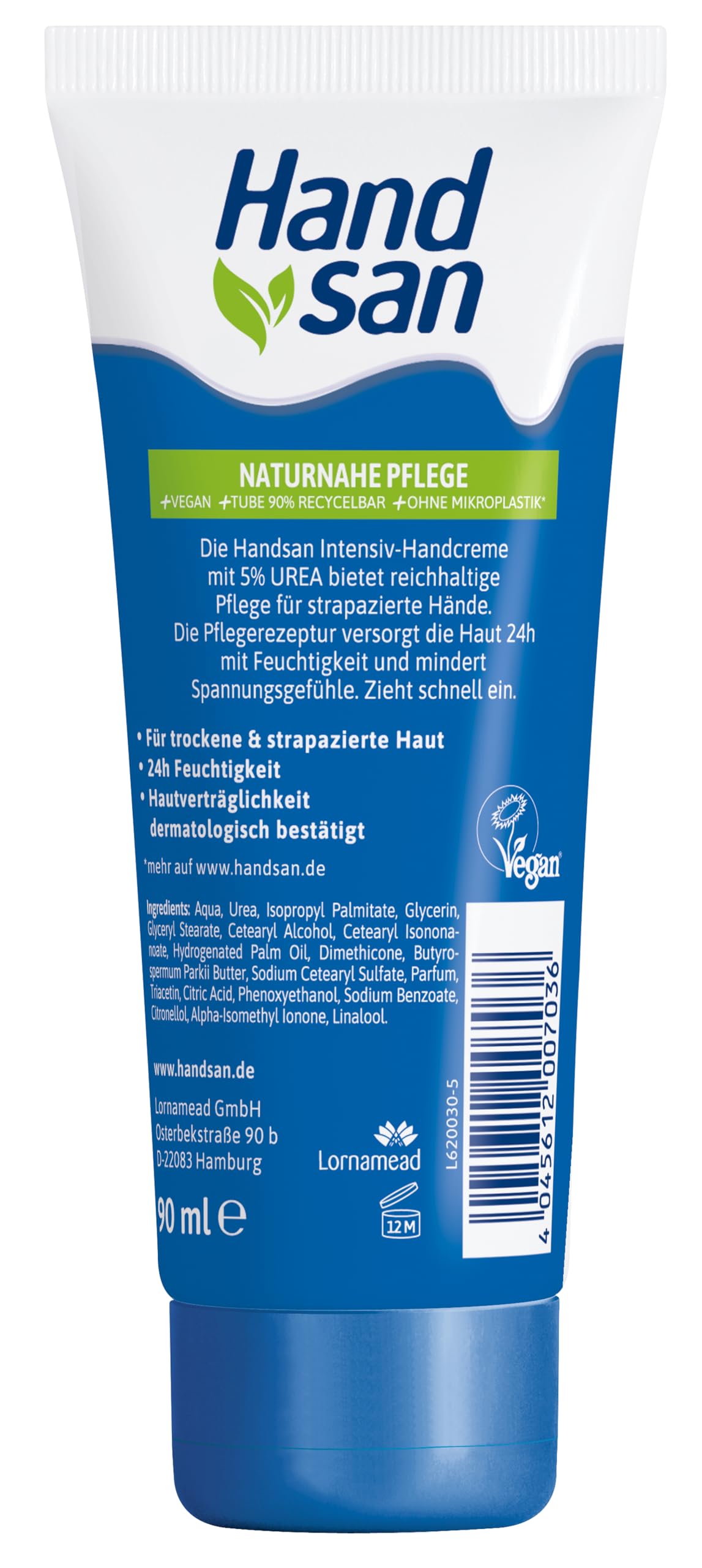 Handsan Urea Crème intense pour les mains | Avec 5% d'urée | Hydratante & absorption rapide | Pour les mains très sèches et abîmées | 90 ml