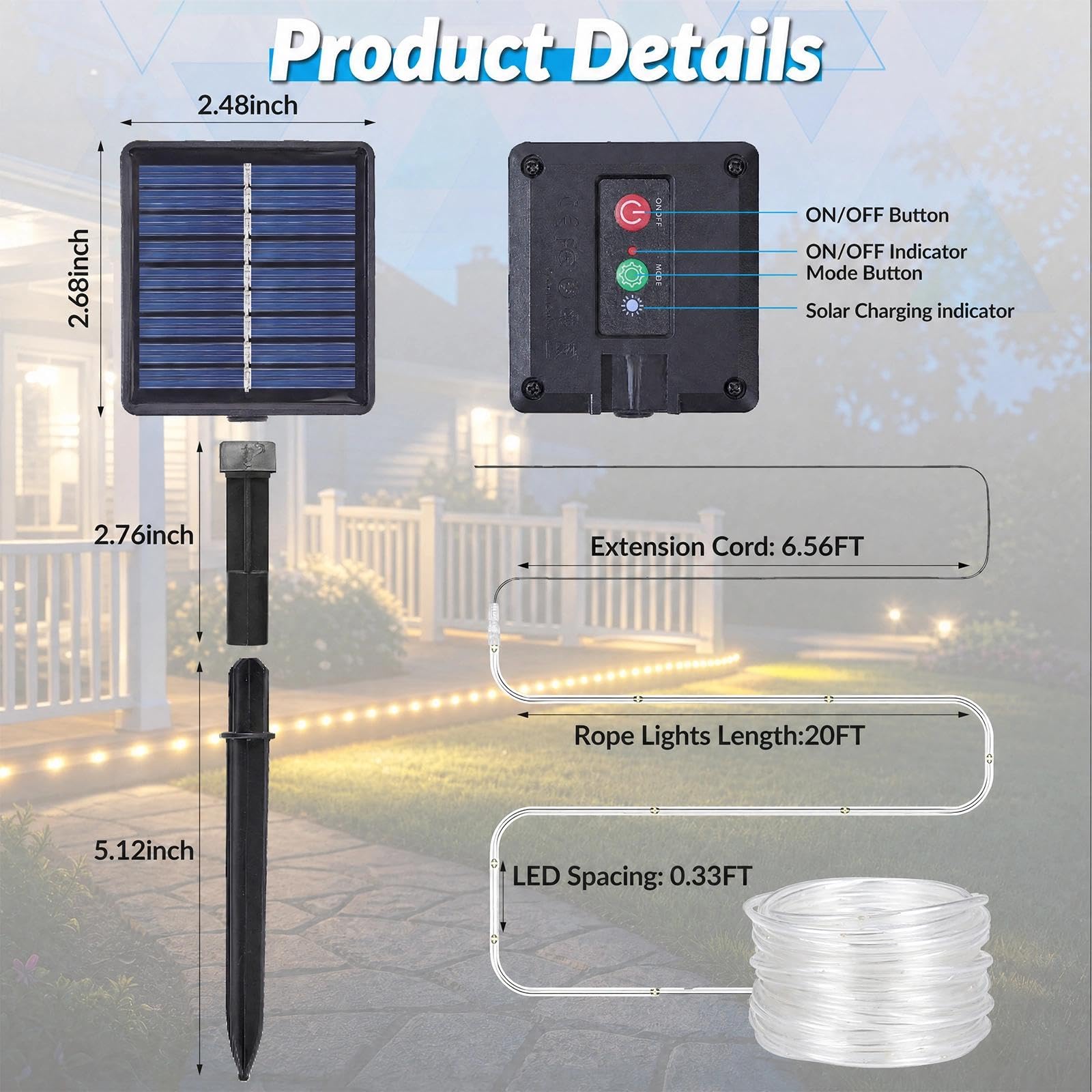 Guirnalda de luces solares, 20 pies, 60 luces LED solares con 8 modos de iluminación, tira de luz impermeable IP65 al aire libre para jardín, patio, terraza, valla, árbol, fiesta, decoración