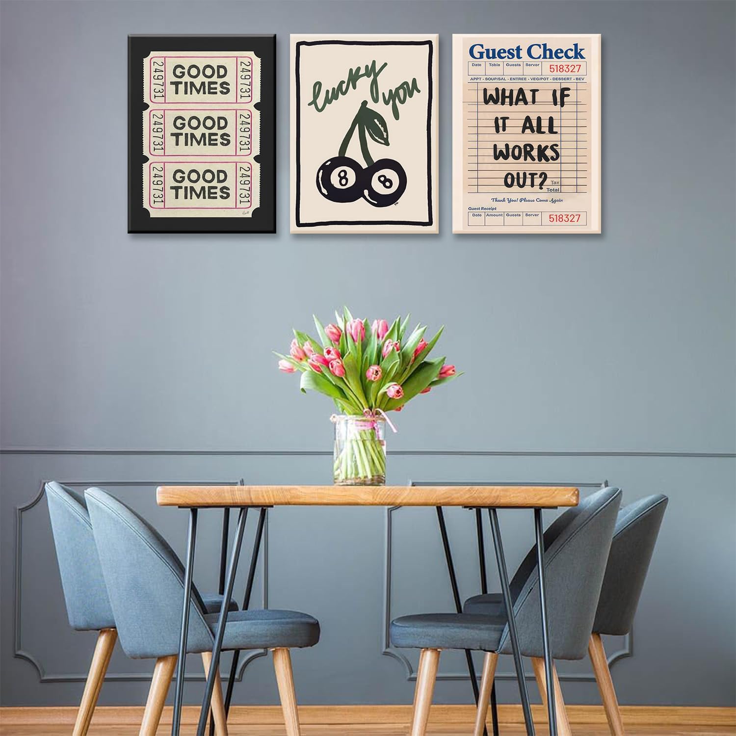 LYPHNX Framed Vintage Good Times Ticket Canvas Wall Art Retro Guest Check What If It All Works Out Prints Poster Set of 3 Luck You 8 Ball Cherry Painting Home Decor Picture for Bar Cart Dorm 12"x16"