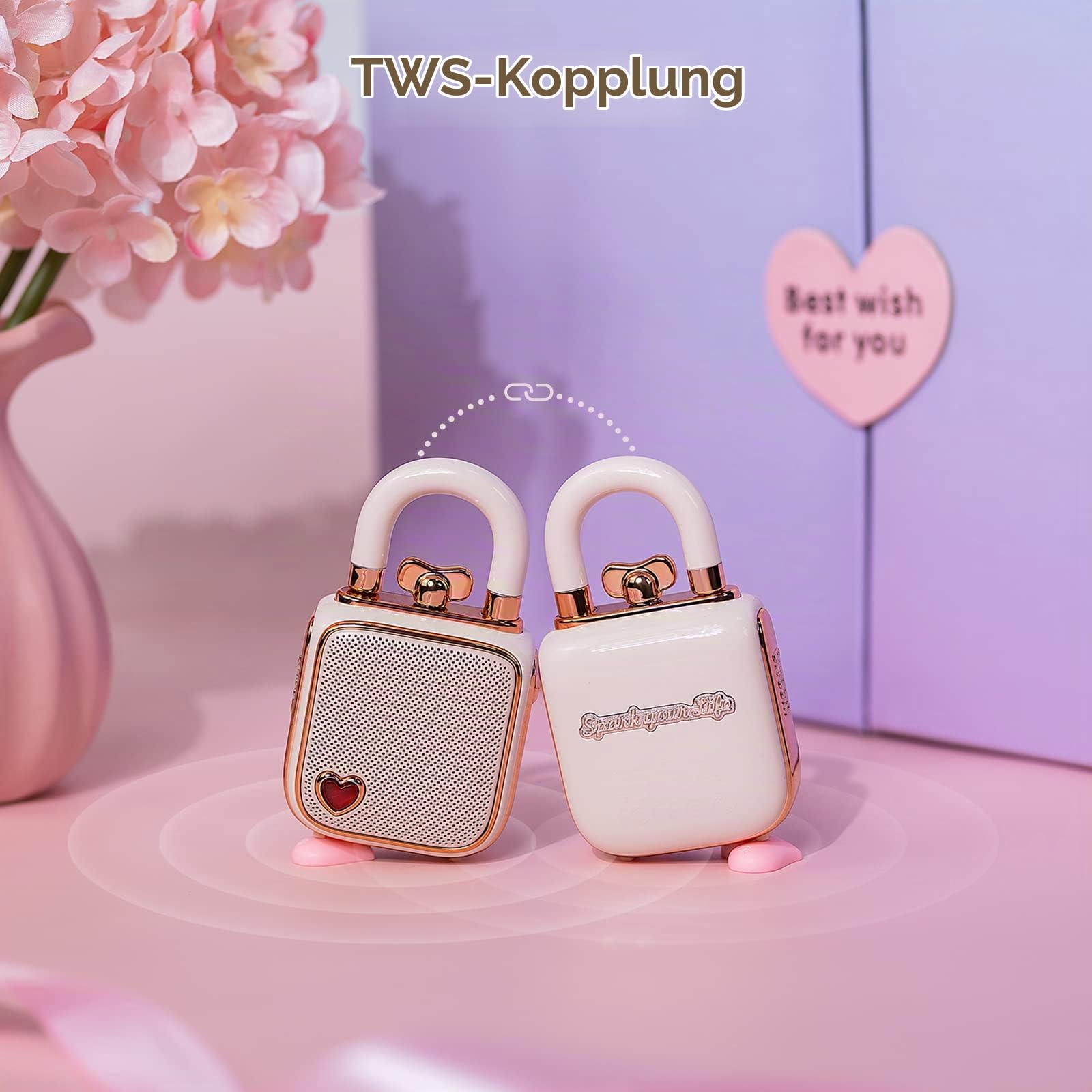 divoom Love-Lock Bluetooth Lautsprecher, Klein Tragbarer Musikbox, Wireless Stereo Pairing Retro Soundbox, Cute Desktop Deko, for Mädchen，Rosa
