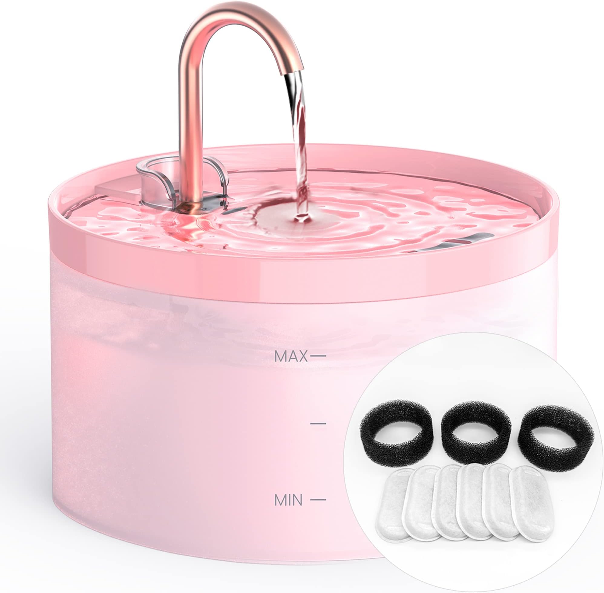 GIOTOHUN Cat Water Fountain with Tap Shape, 2L Cat Fountain for Cats, Super Quiet Water Pump, Filters Hair, Easy Disassembly, 6 Filters + 3 Foam Filters, Pink Cat Fountains for Drinking