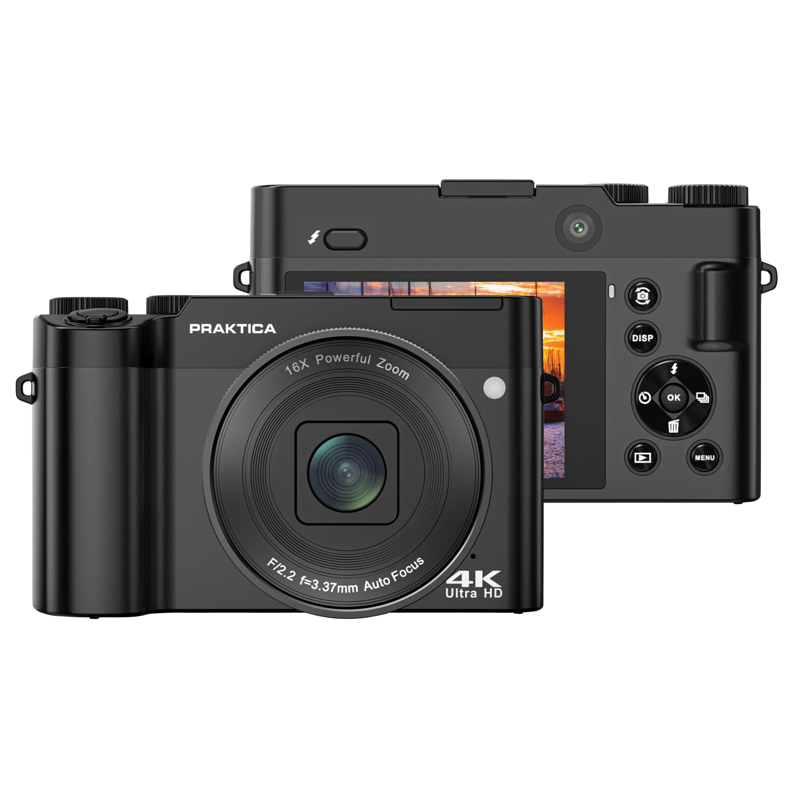 Praktica Cámara sin Espejo DZ16 de 13 MP, sensores CMOS duales, Zoom Digital de 16x, Video 4K Ultra HD
