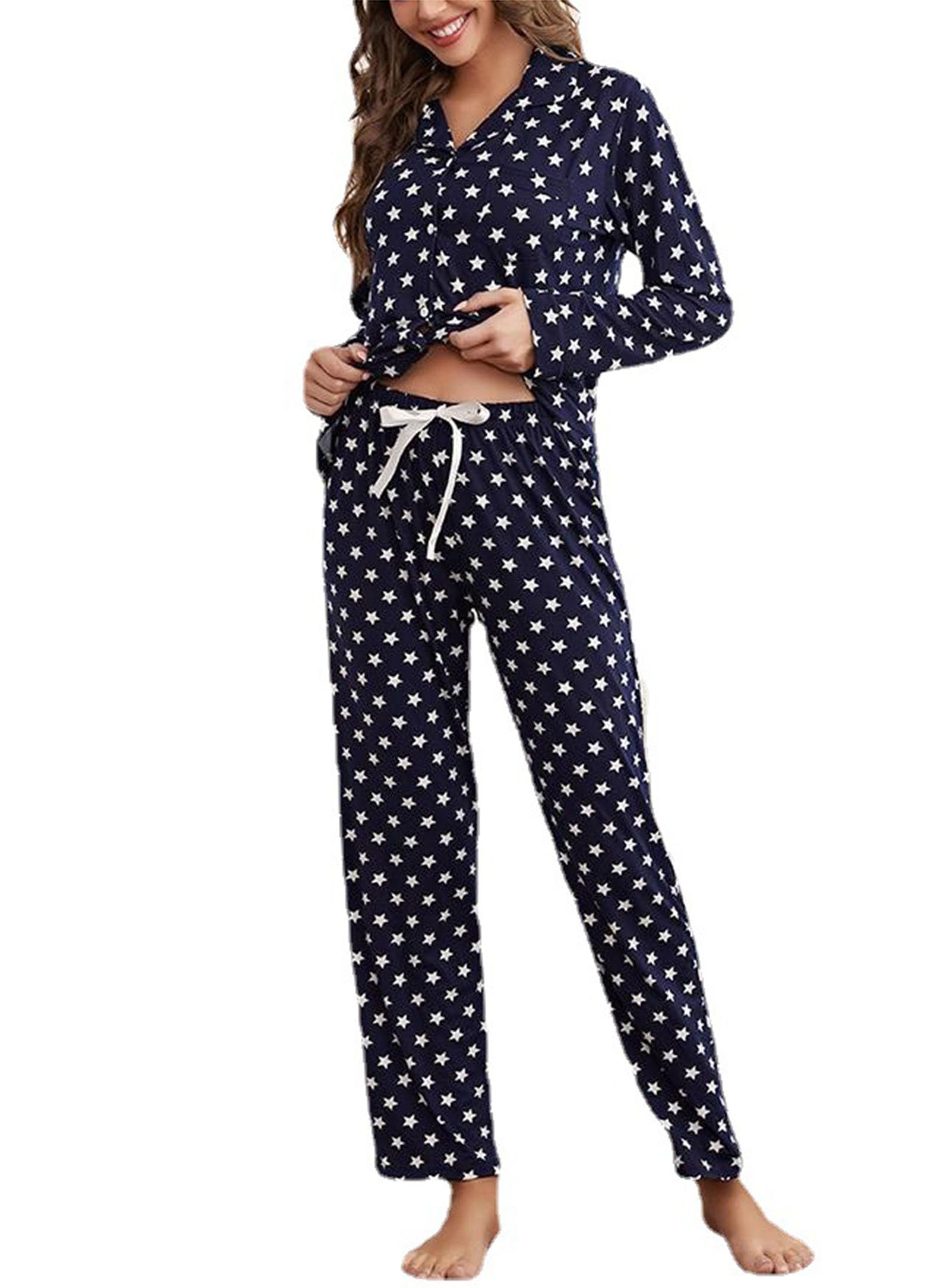 Femmes Pyjamas Set Notch Collar Sleepwear Pjs Long Sleeve Button Down Nightwear with Long Pants