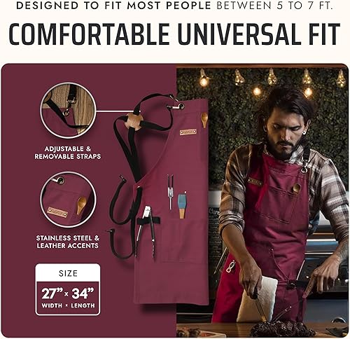 Miniatura 5 de Asaya - Delantal de chef para hombres y mujeres más toalla de mano y abrebotellas, de lona de 10 onzas Rojo,Negro,Azul,Azul-Verde,Borgoña,Verde