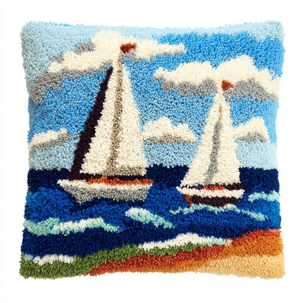 Taxpy Latch Hook Cushion Kits, Sailboats at sea Latch Hook Pillow Case Kits Embroidery Kit 43x43cm, DIY Needlework Pillow Cover Sofa Cushion Rug Making Kit