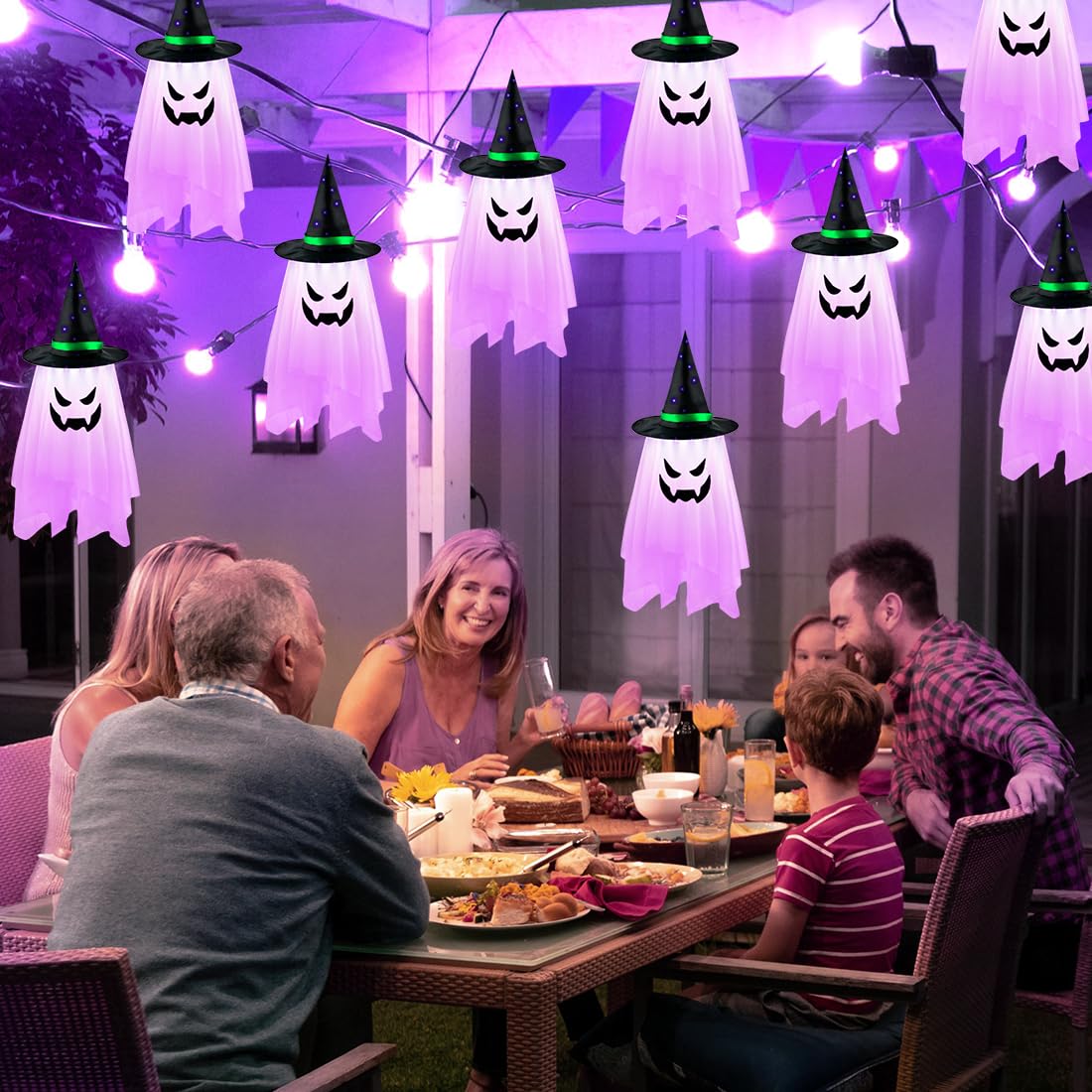 Décorations De Fantômes D'Halloween, Chapeaux De Fantôme, 5 Lumières Fantômes D'Halloween Avec Guirlande Lumineuse LED Colorée, Décorations D' Halloween Extérieures, Décoration D'Halloween Lumineuse à