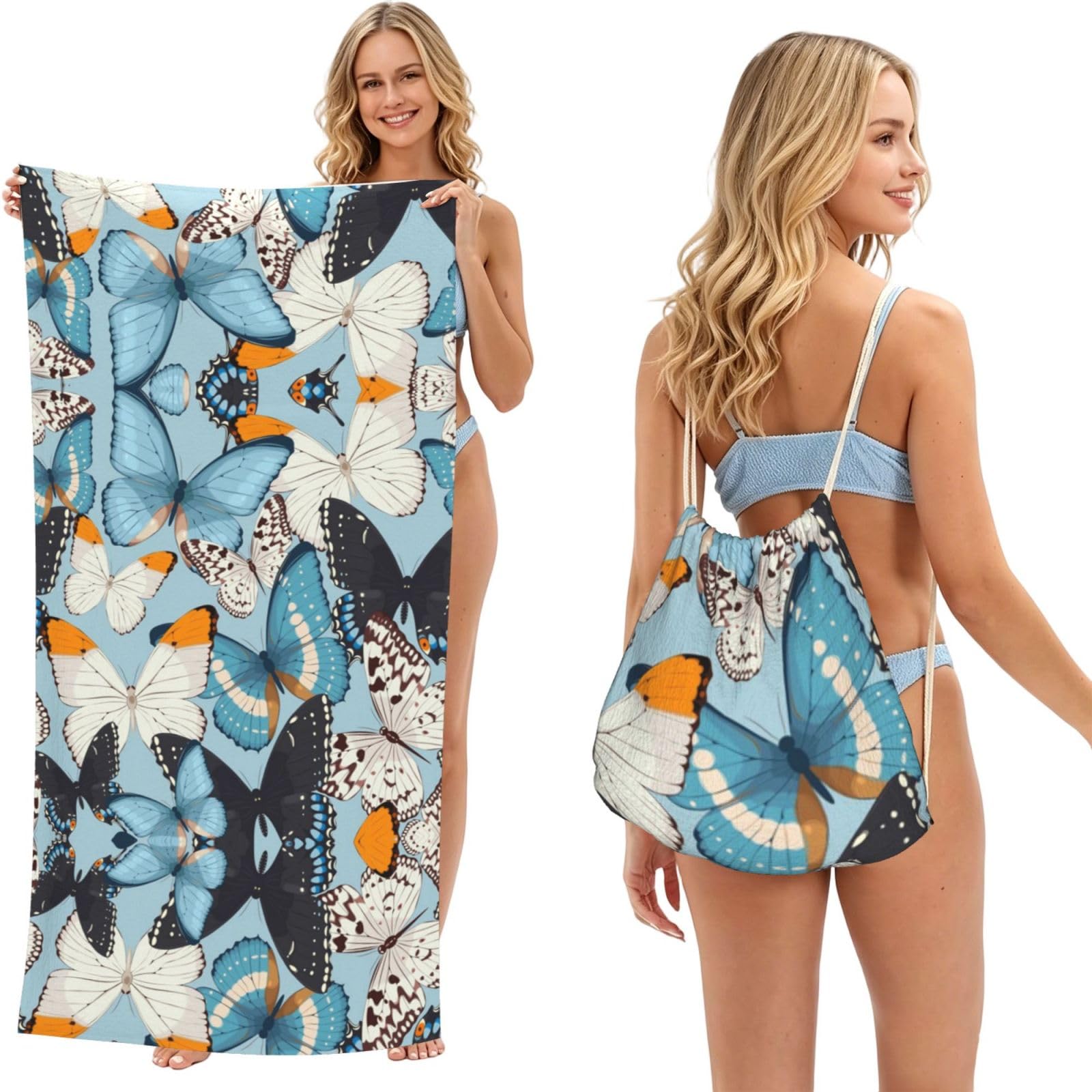 SATUSA Butterfly Print 2-In-1 Foldable Beach Towel Backpack â€“ Camping, Yoga And Travel,Bath Towel With Built-In Storage, Convertible Beach Mat & Carry Bag