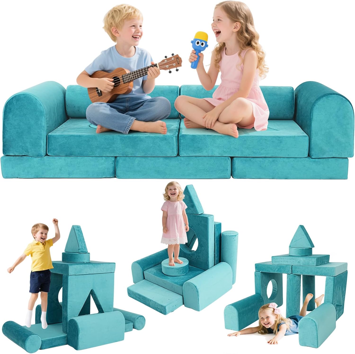 Modular Kids Play Sofa Multifunctional Kids Sofa Convertible Foam Floor Mat Convertible Play Fort Inspire Children's Creativity and are Made of Velvet Fabric for Both Boys and Girls (Cyan)