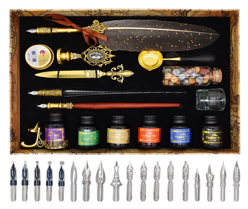 XIAOYU Ensemble stylo plume de calligraphie antique et encre pour débutants, stylo plume en verre, stylo de calligraphie pour écrire, dessin, signature, mariage, anniversaire, gris
