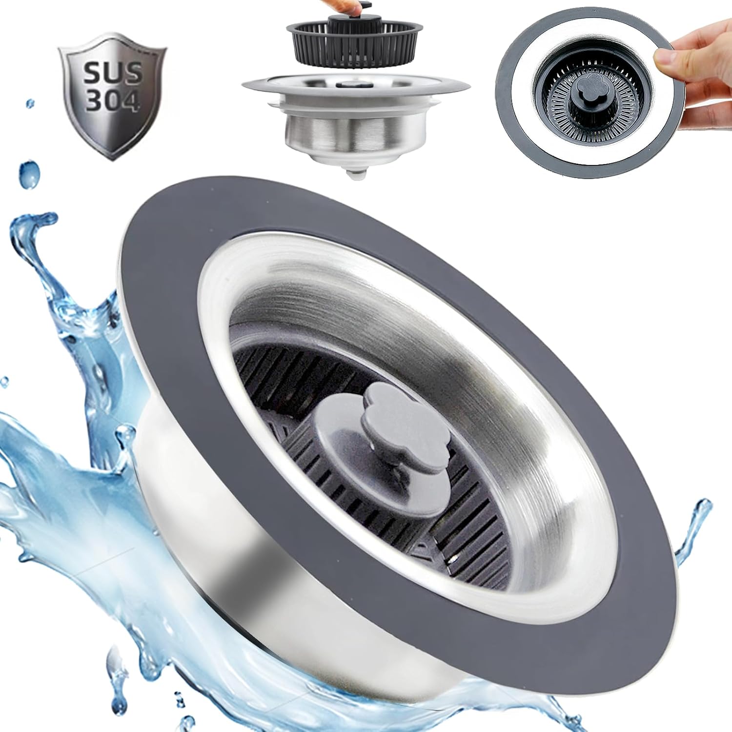 3 in 1 kitchen sink drain strainer and stopper, 304 stainless steel pop up kitchen sink stopper with sink strain basket, kitchen sink drain strainer fast flow for standard 3-1/2 inch drain