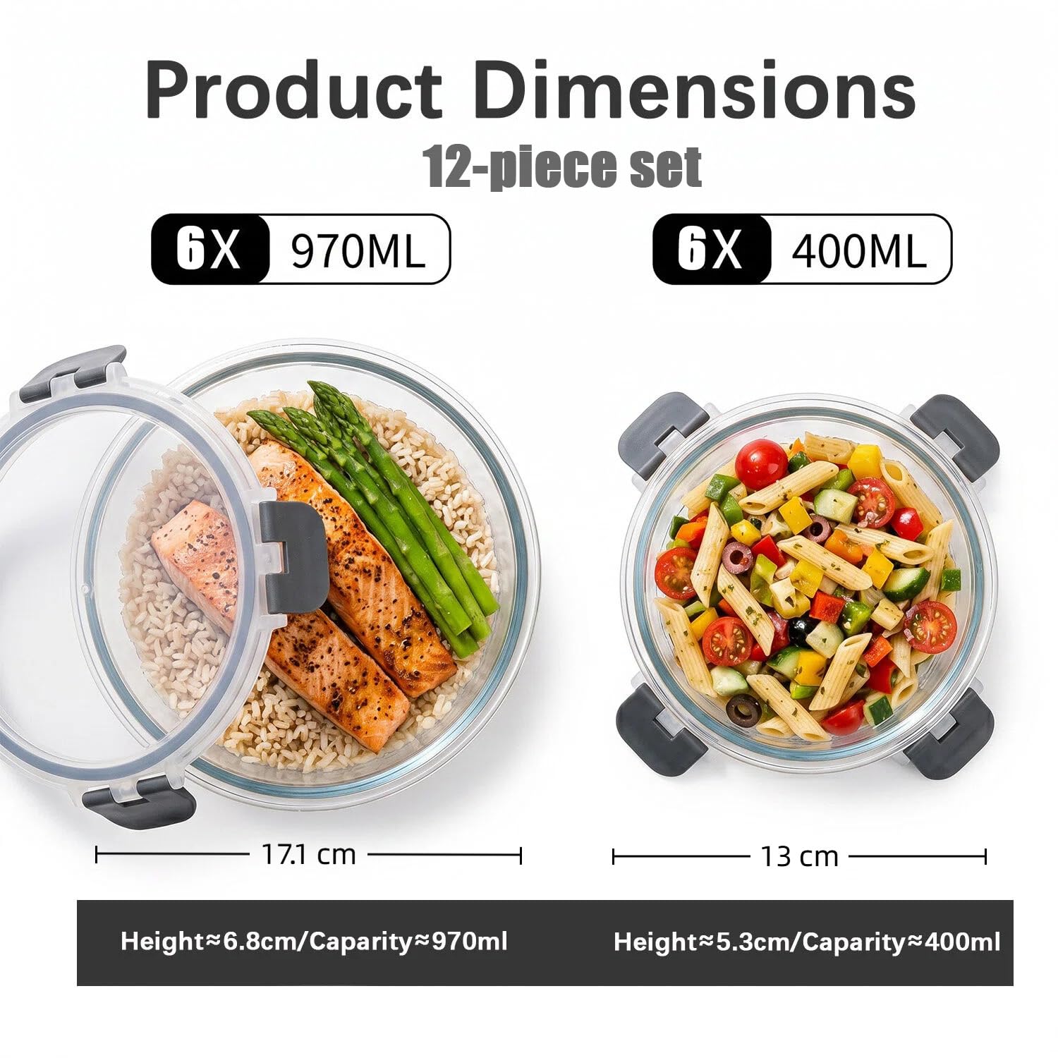 Contenitori in vetro con coperchio, 12 pezzi Meal Prep Boxe & Contenitori salvafreschezza (400 ml e 970 ml) in vetro borosilicato, senza BPA e ermetici per microonde e lavastoviglie I Food