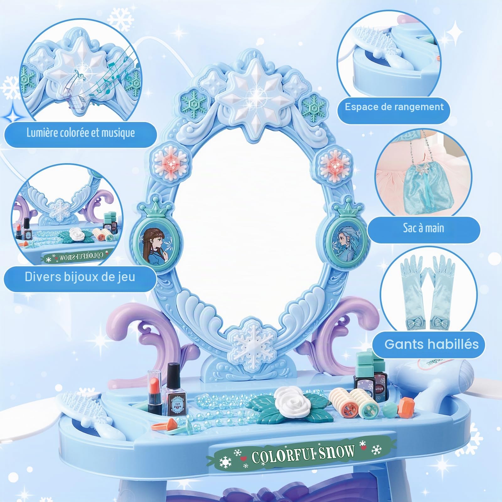 deAO Table De Maquillage pour Fille, Tabouret Et Accessoires Princesse | Coffret Maquillage Enfant Makeup Set avec Coiffeuse Accessoires, Jeu De Role Maquillage Jouets, Jouet pour Fille 3+ Ans Bleu
