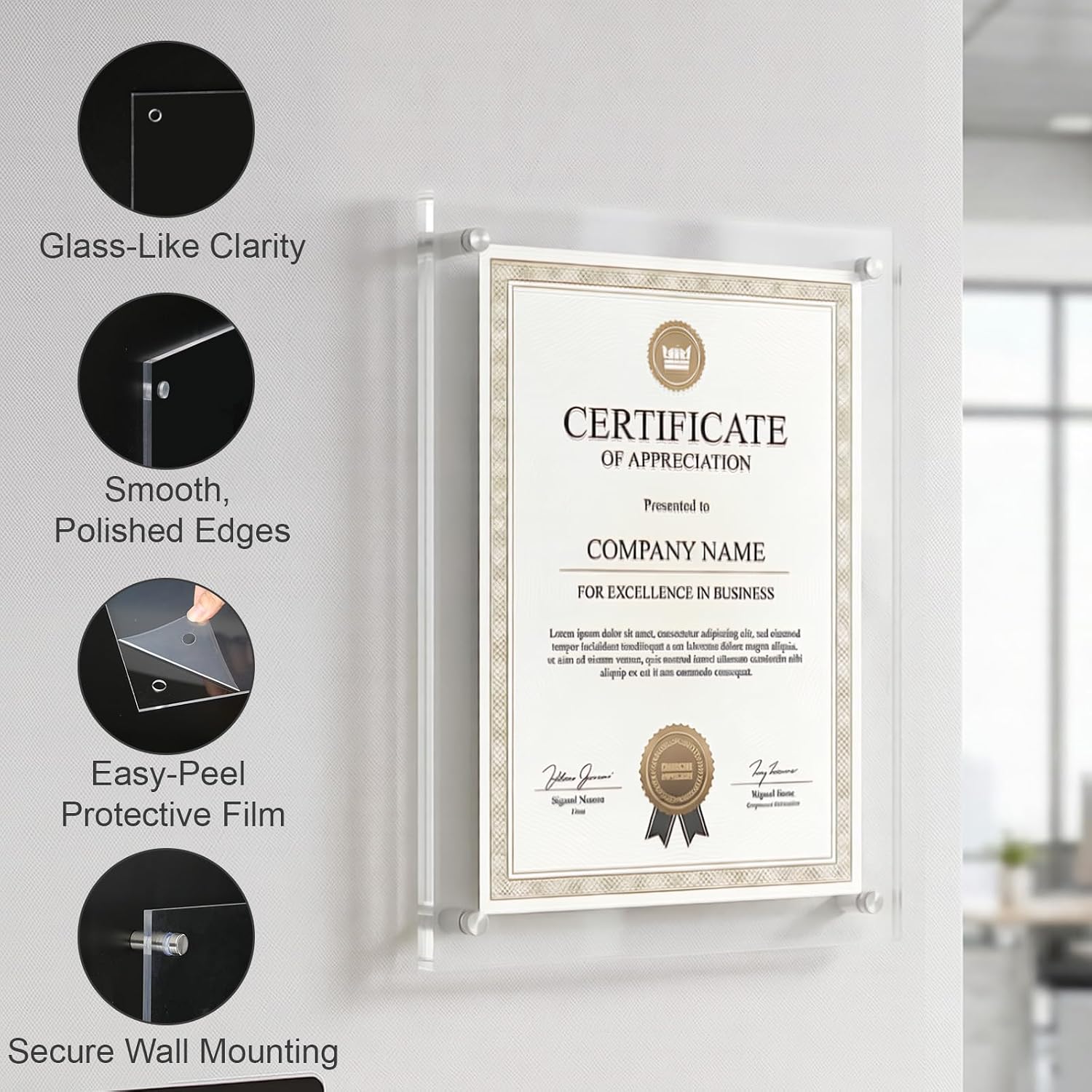 EHWINE 8.5×11 Acrylic Picture Frame Wall Mount 2 Pack, Floating Frameless Clear Photo Display, Certificate Diploma Poster Document Frame for Home, Office, School, Gallery Decor with Silver Hardware
