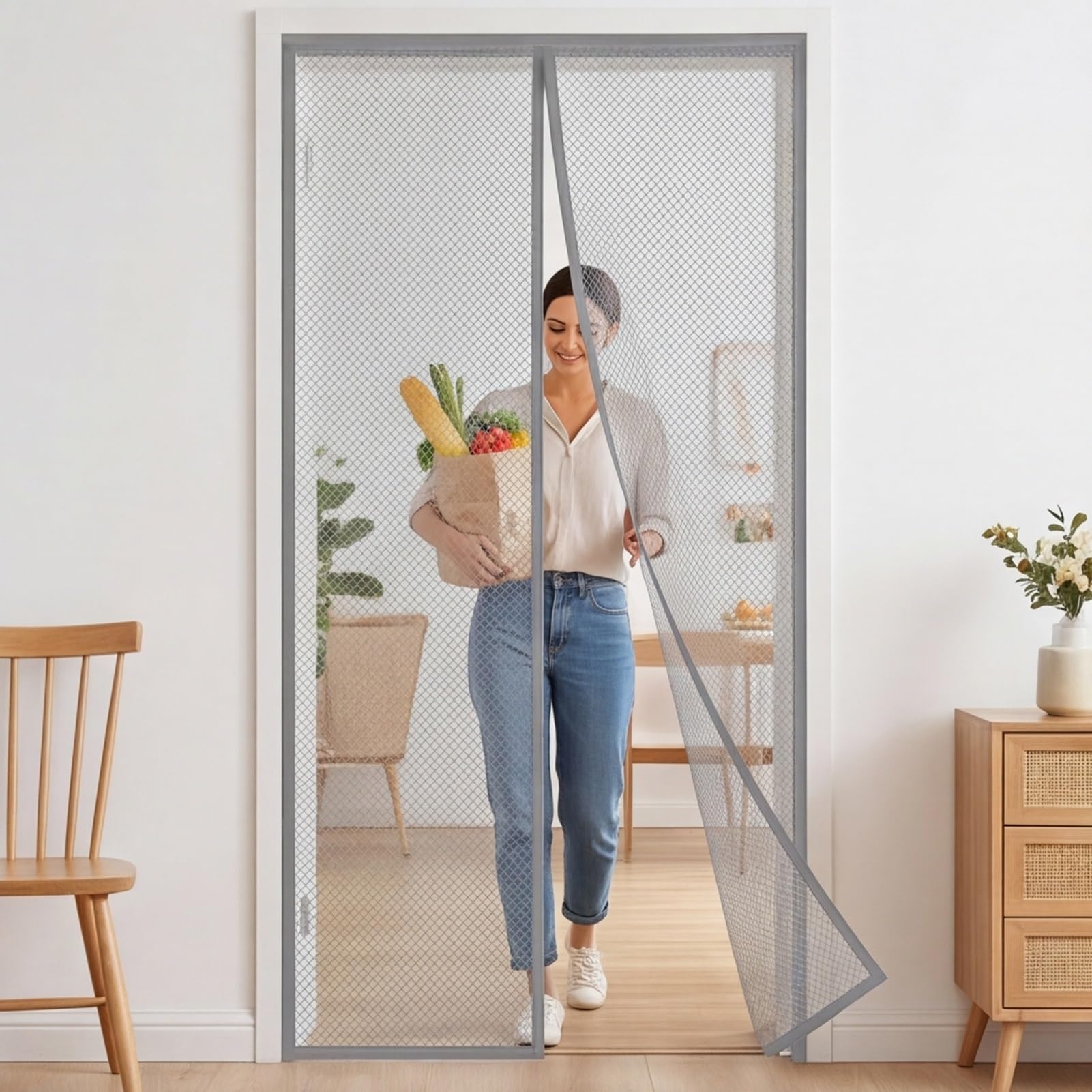 Goutui Grey Magnetic Door Screen 193 X 286 Cm Frame Hook & Loop Hundreds Of Sizes Fly Nets For Doors Keep Bugs Out & Lets Fresh Air In No Drill Installation Automatically Closes,