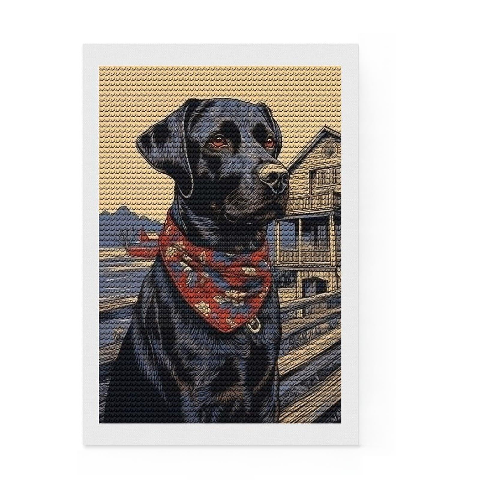 Junmoney Black Labrador with Bandana DIY Diamond Art Canvas Kit 8"x12", for Family Craft Time, Relaxing DIY Hobby, Modern Decor, Festive Craft Gift