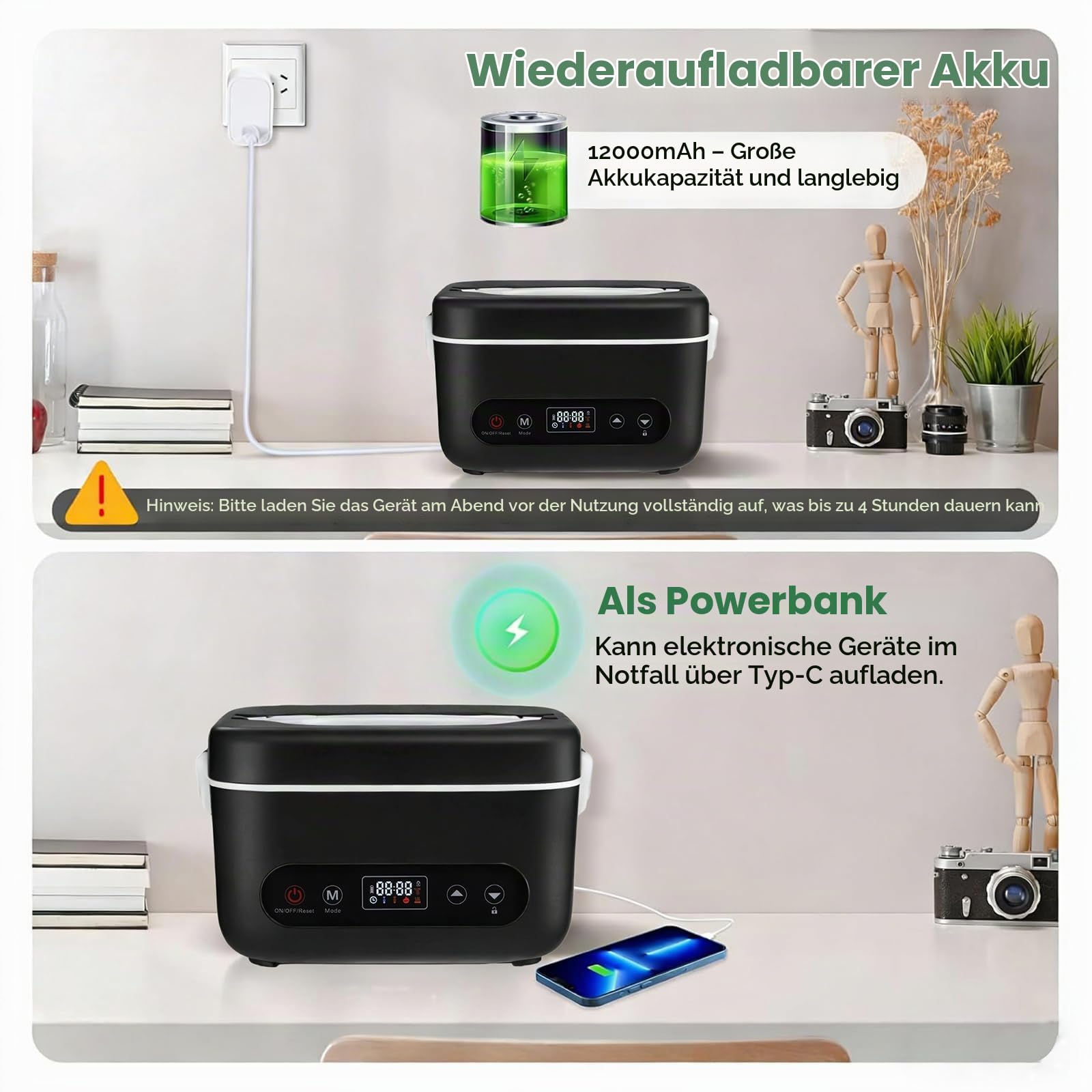 Kabellose Elektrische Lunchbox, Batteriebetriebene Beheizte Lunchbox für Erwachsene Tragbarer Speisenwärmer aus Edelstahl mit Geschirr und Isoliertasche für Auto Arbeit Reisen (1,2L)