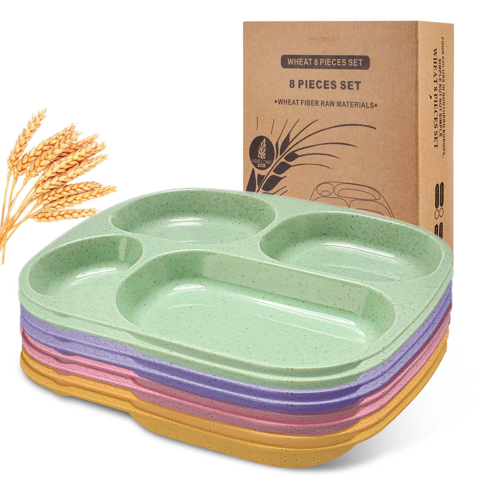 Vesici 8 Pcs 9'' Unbreakable Divided Plates Food Separator Dinner Plates Reusable Compartment Lunch Trays Dishwasher Microwave Safe(Light Green, Yellow, Pink, Purple)
