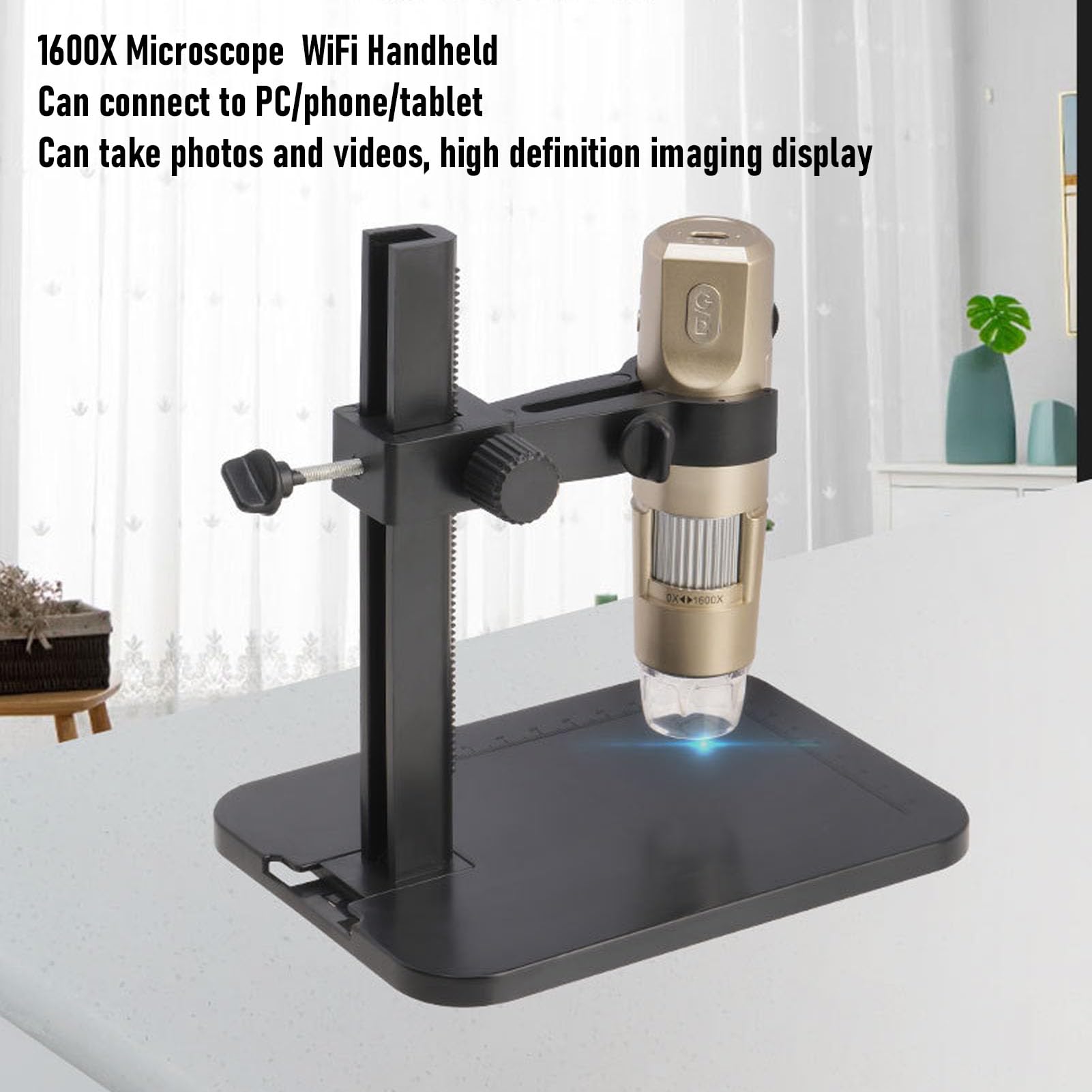 Microscopio Digital USB WiFi 1600X Cámara de Microscopio Portátil con Soporte Ajustable, Compatible con, OS X para Recolección de Sellos, Inspección de PCB