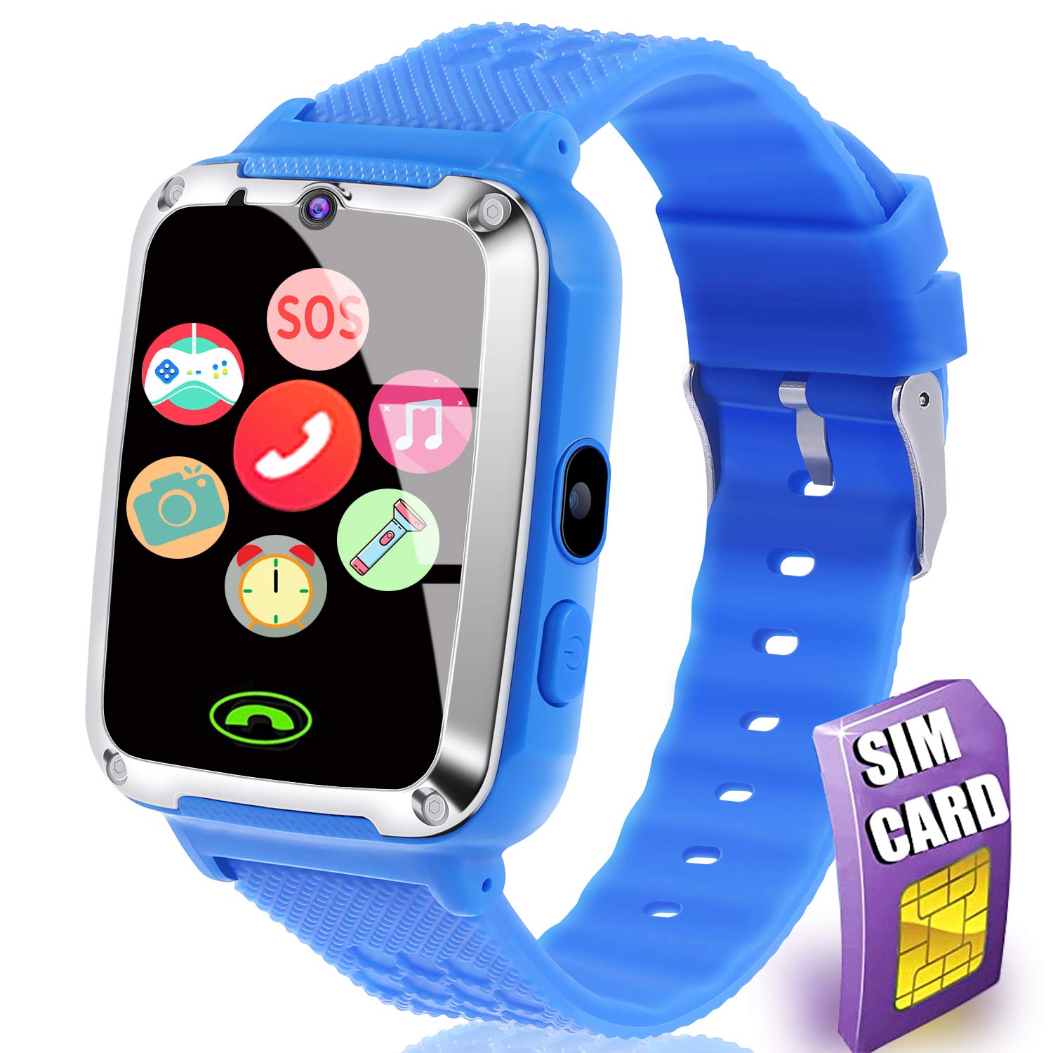 [SIM Card Include] Smart Watch for Kids - Kids Smart Watch Phone for Boys Girls with Touch Screen Games Music Player Alarm Clock Kids Smartwatch Electronic Wrist Watch for Birthday Gift (Blue)