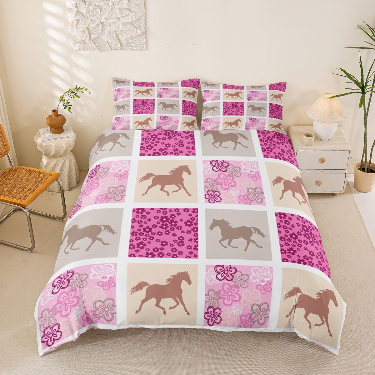 Homemissing Horse Duvet Cover Set Super King Size for Kids Boys Girls Horse Flower Bedding Set Cute Animals Duvet Cover with 1 Pillowcase Pink Grid Bedding — image 1