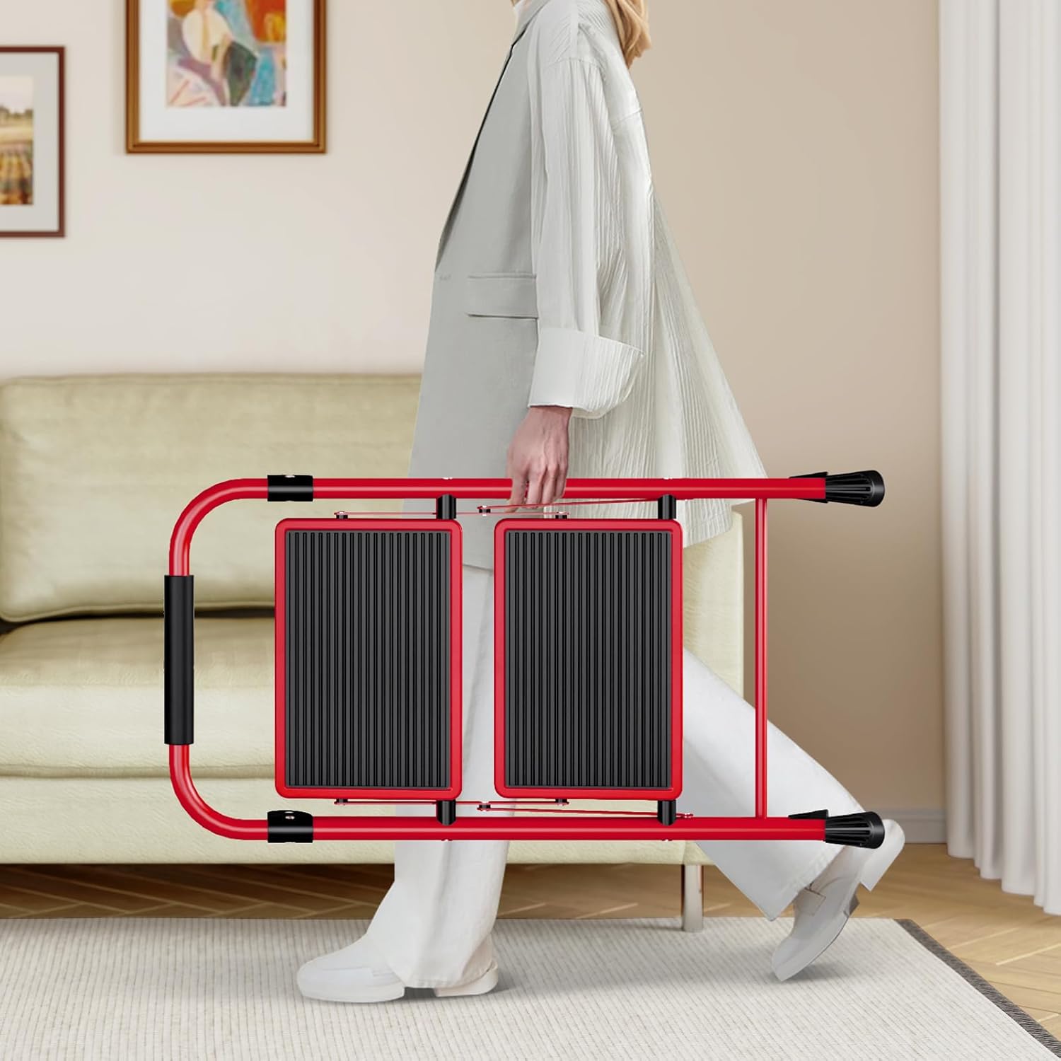 Image of the folded KINGRACK 2-step ladder stored upright against a wall in a living space.