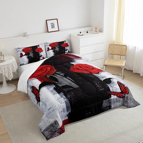 Miniatura 4 de Erosebridal Juego de edredón rústico de rosas para niños, adolescentes y jóvenes, relleno de edredón de acuarela negra y gris degradada, juegos de