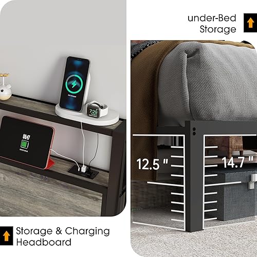 Miniatura 7 de Base de cama tamaño queen con cabecera, marco de plataforma de metal con luces LED y estación de carga, almacenamiento debajo de la cama, sólida