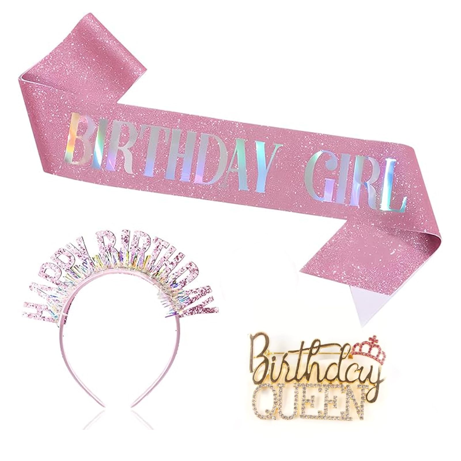 Gubilacrum 3Pcs Set of Headband, Adjustable Sash and Decorative Badge, Birthday Girl Badge, Queen Sash for Women, Elegant Birthday Celebration Accessories, Includes One Birthday Tiara