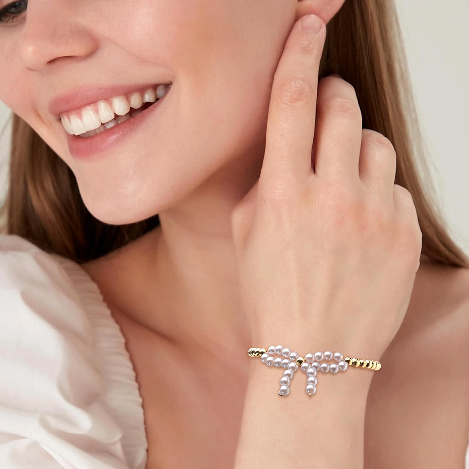 Gold Bead Bow Bracelets for Women, Adjustable Gemstone Pearl Beaded Jewelry Gifts - Image 2