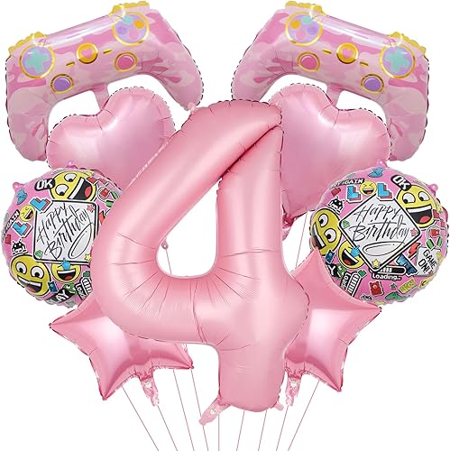 Globos rosados de videojuegos, controlador de videojuegos, globo de aluminio de tereftalato de polietileno con número de cumpleaños, globos de nivel