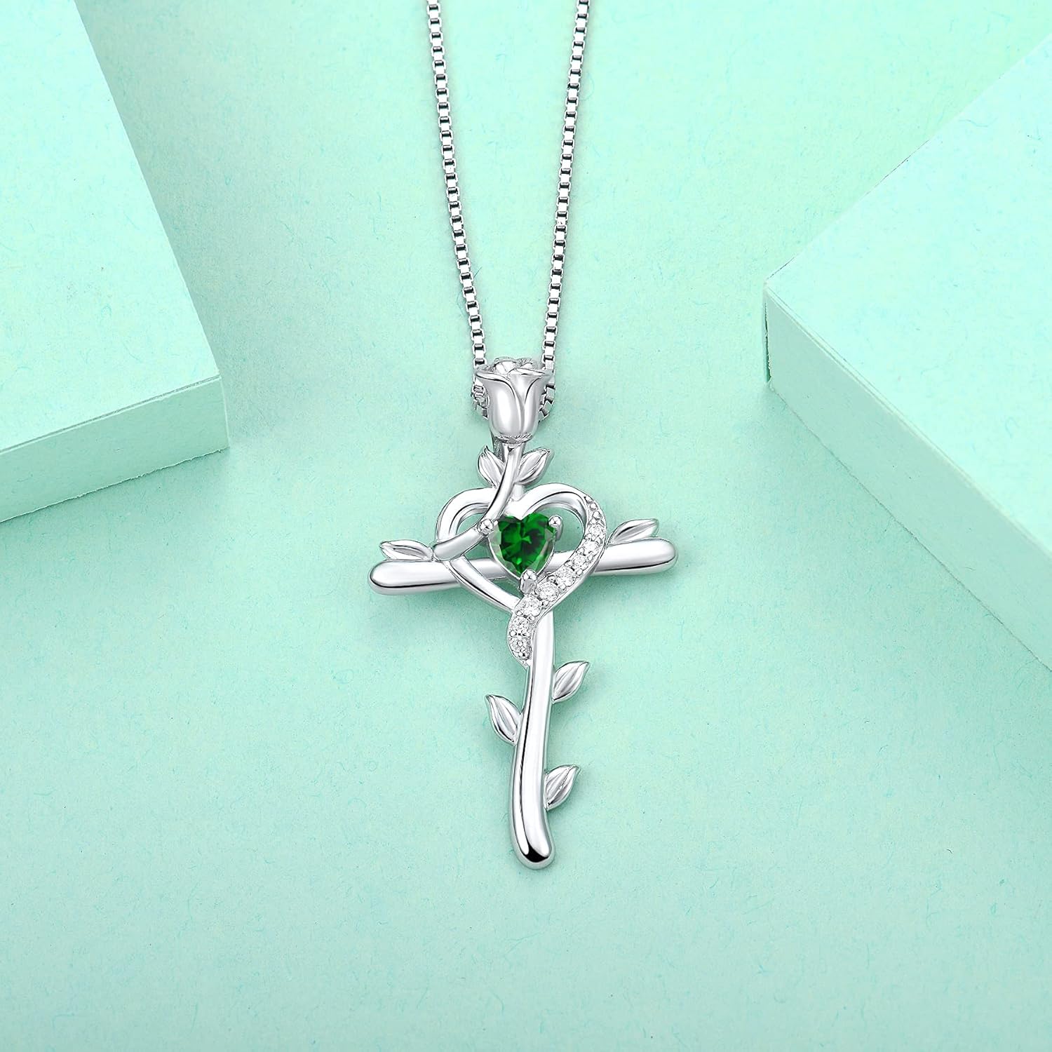 STARCHENIE Rose Cross Necklace 925 Sterling Silver Heart Crucifix Pendant Birthstones Jewelry for Women - Image 4