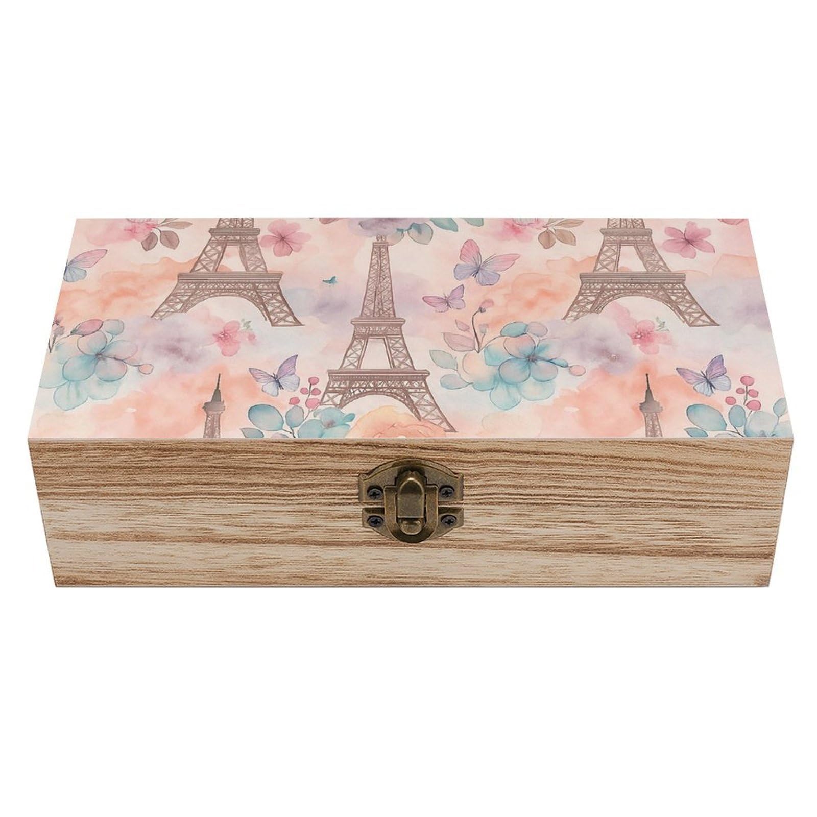SMAZDFXX Watercolor Floral Eiffel Tower Paris Wooden Storage Box Multipurpose Decorative Box for Jewelry Photo Home Decor