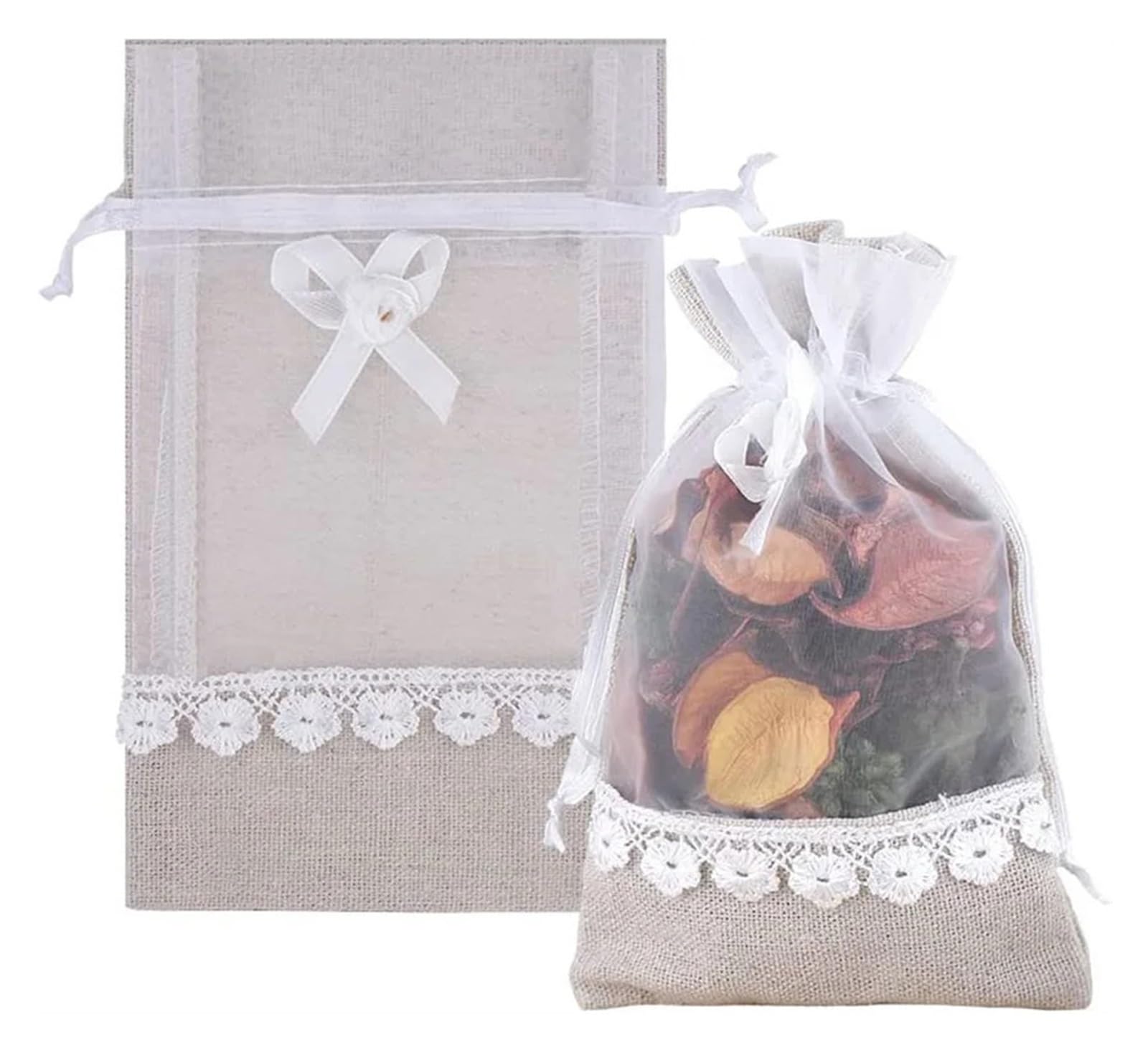 Sacs en toile de Jute à cordon décorés avec nœud en dentelle, sacs cadeaux en Organza de Jute for fête et mariage, 5 pièces, 10 pièces, 20 pièces(20pcs,10x15cm)
