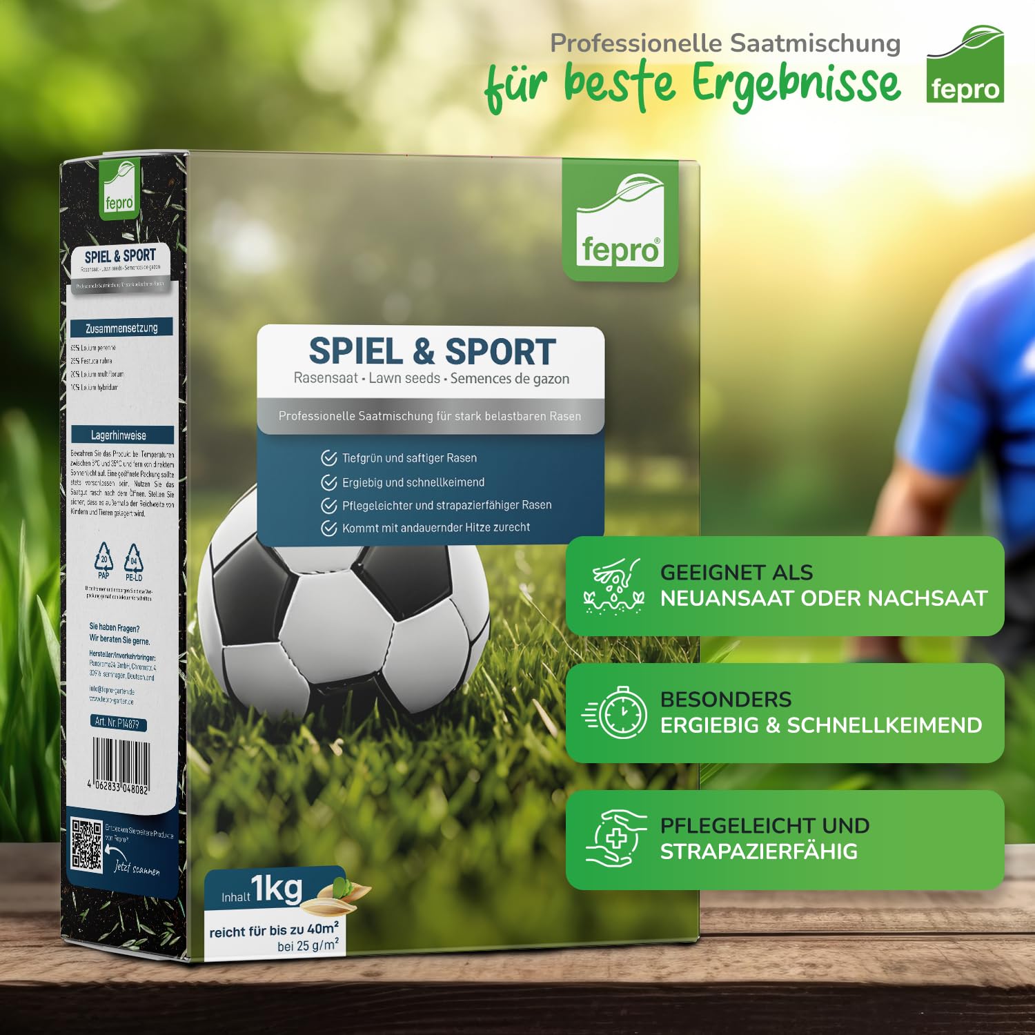 1kg Rasensamen Sport und Spiel schnellkeimend 40m², robust, tiefgrün, ideal für Neuansaat und Nachsaat, Rasensaat Grassamen Frühjahr