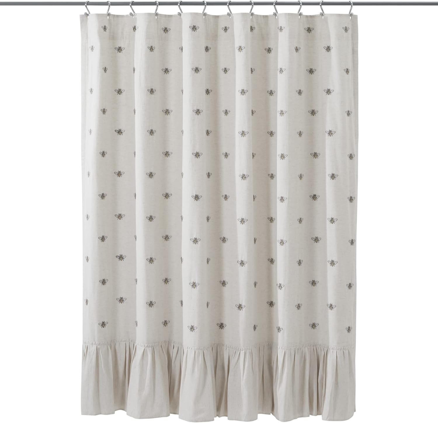 VHC Brands Embroidered Bee, Farmhouse Bathroom Shower Curtain, Ruffled, Creme Yellow Grey, 72x73