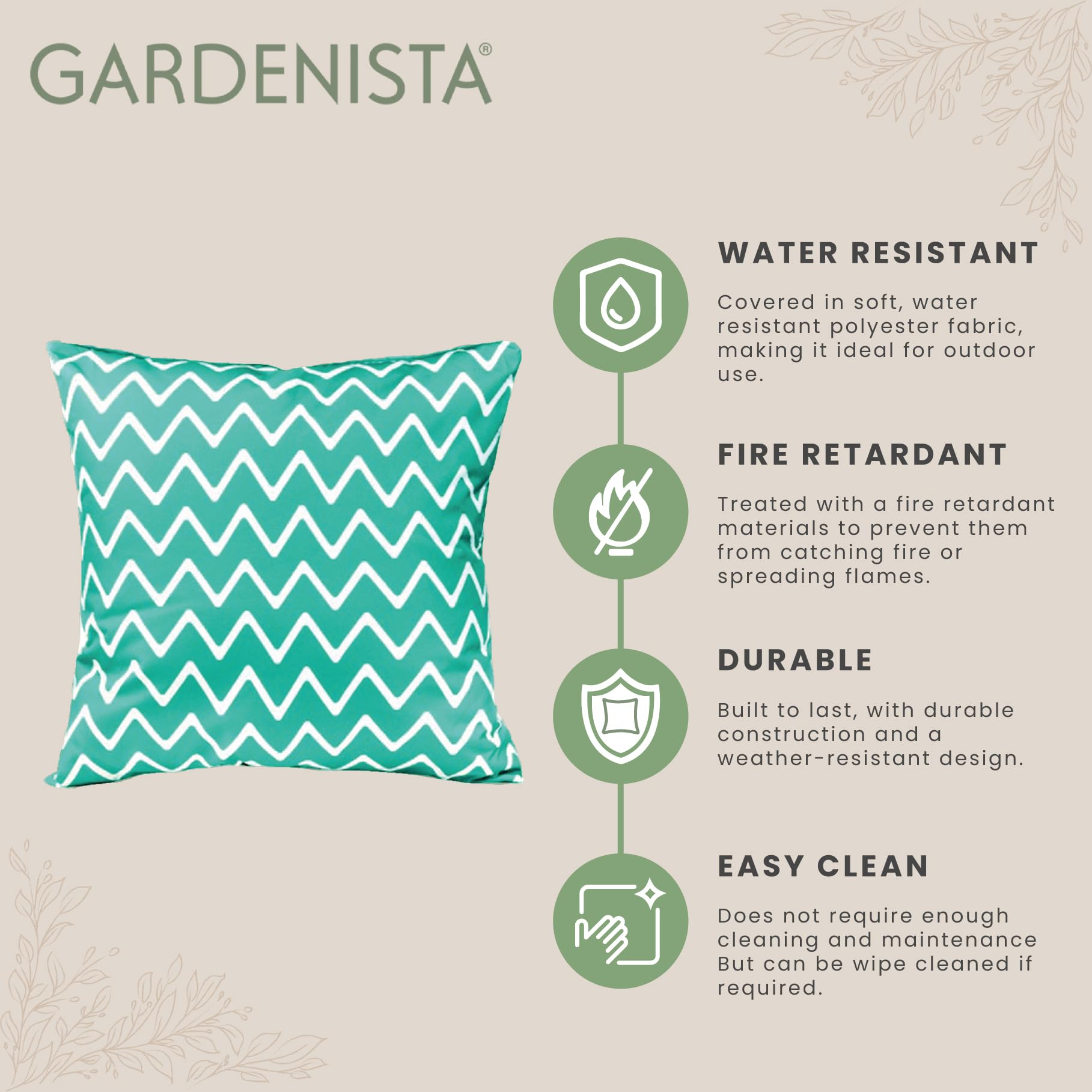 Gardenista Cuscino decorativo per esterni, resistente all'acqua, per interni e giardino, con stampa, morbido e confortevole, imbottito in fibra cava, durevole e facile da pulire (verde, 60 x 60 cm)