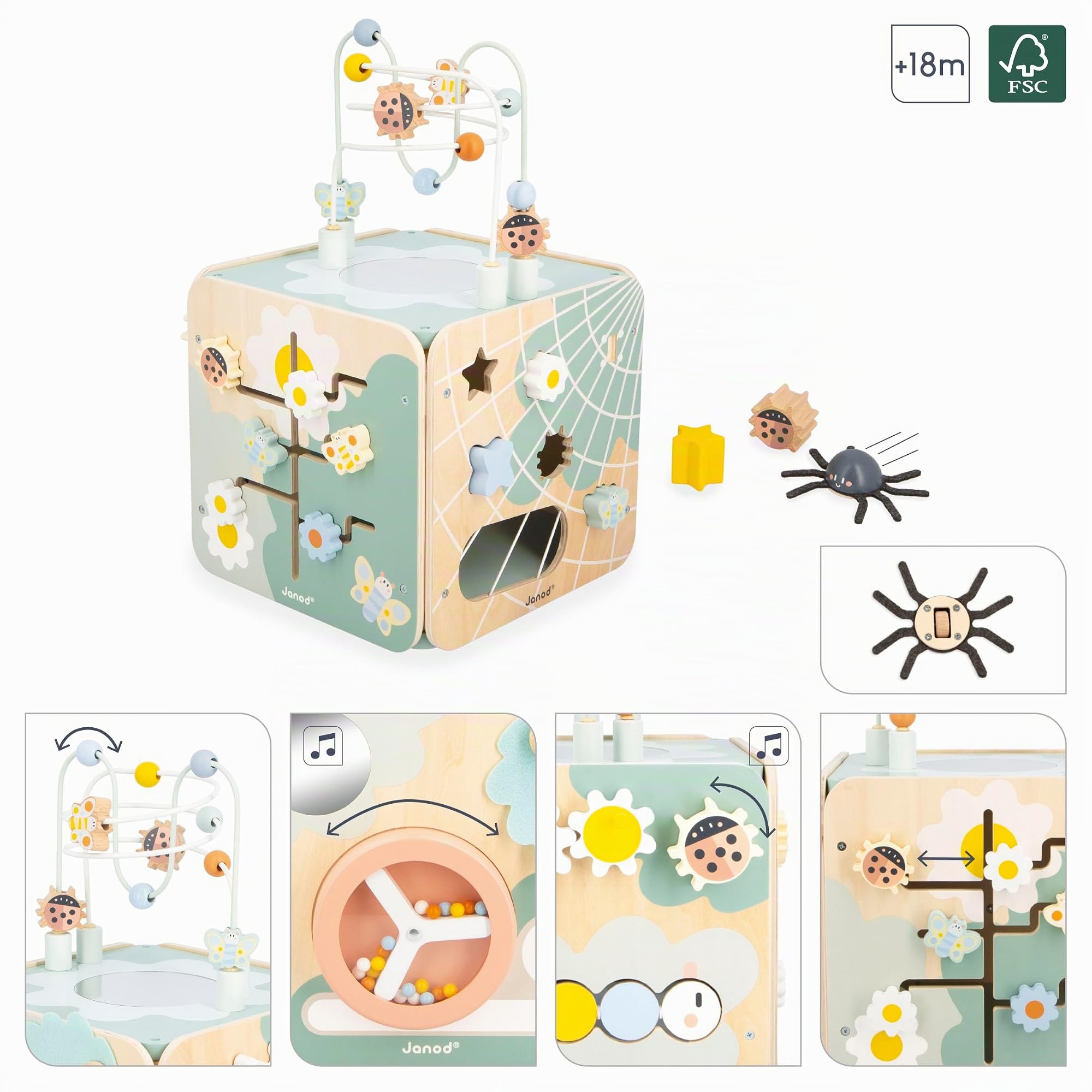 Janod - Grande Cubo Multiattività Sweet Cocoon - 11 Attività per Bambini - Multisensoriale - Sviluppa le Abilità Fino-Motorie - Giocattolo in Legno FSC - Dai 18 Mesi, J04060