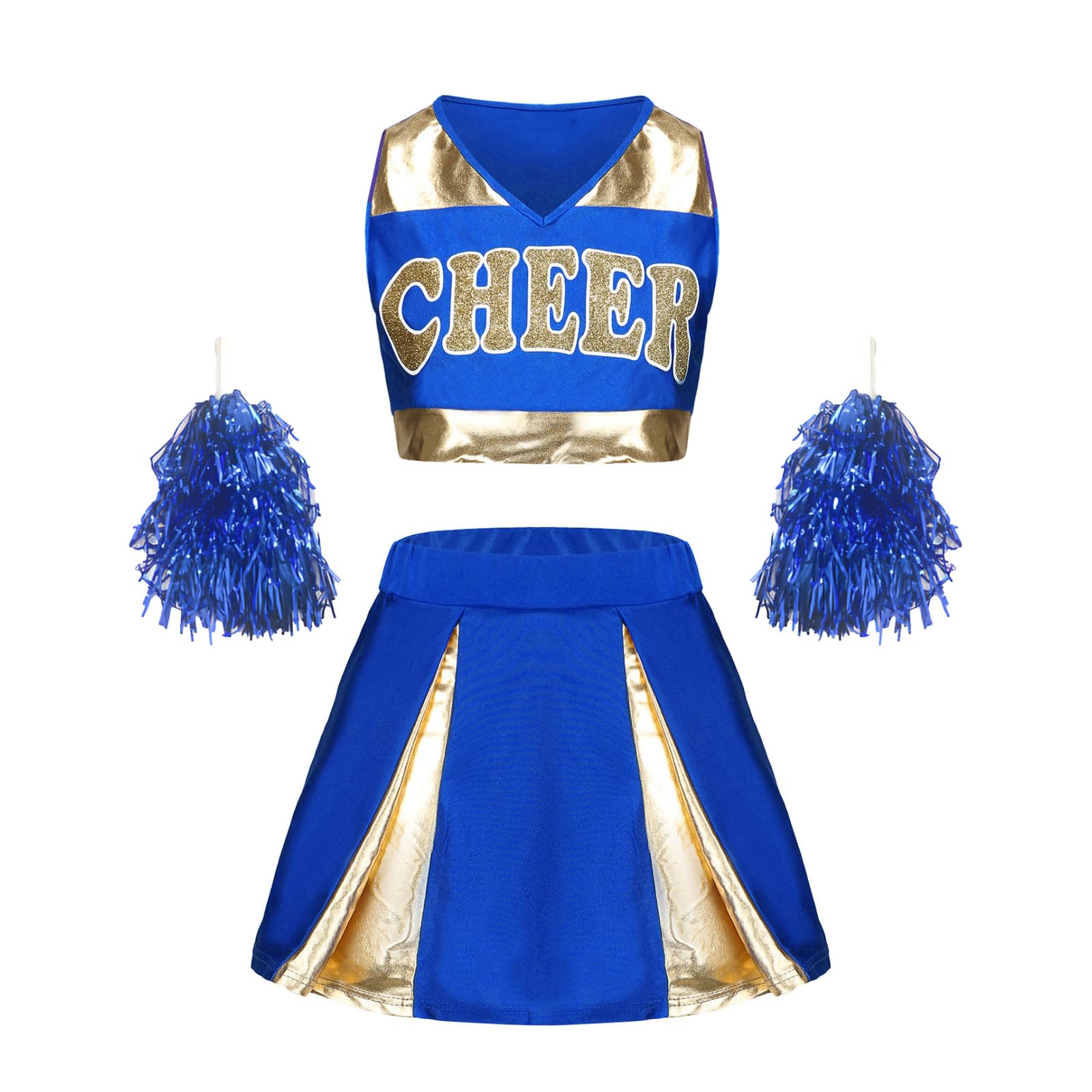 maxToonrain Women Cheerleader Costume with Shiny Gold Accents 3 PCS Adults Cheerleader Outfit with Pom Poms, Top