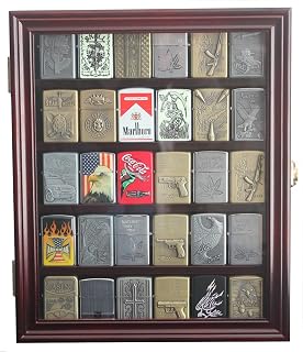 30 Lighters Display Case Wall Cabinet Compatible with Zippo Lighters Military Sport Collectible Match Book Mahogany Finish