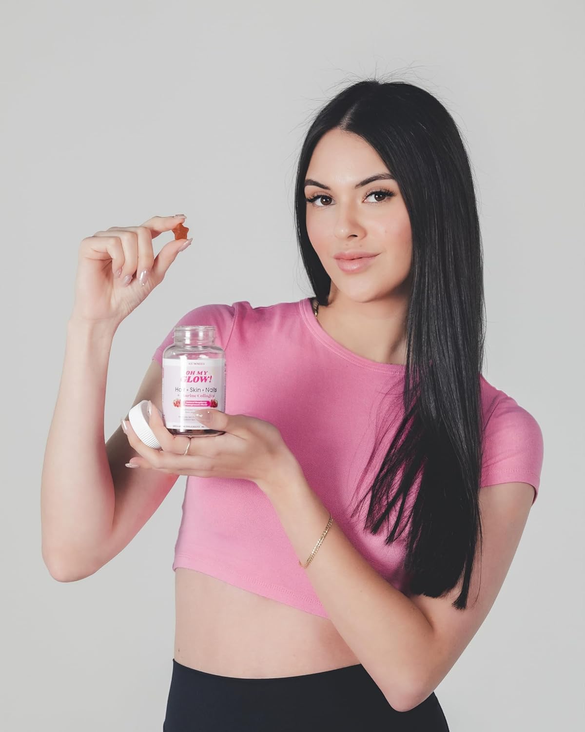 Oh My Glow! Hair, Skin & Nails + Marine Collagen – Gluten-Free, Non-GMO Gummies, Raspberry Pomegranate
