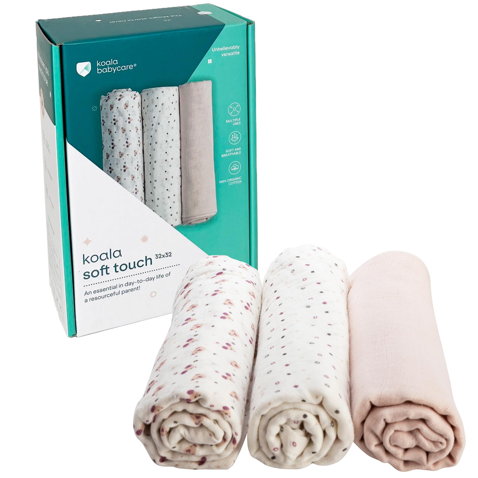 Koala Babycare - Mussole Neonato Cotone 100% - 3 Pz 80x80cm - Ideale come Regalo Neonati - Rosa