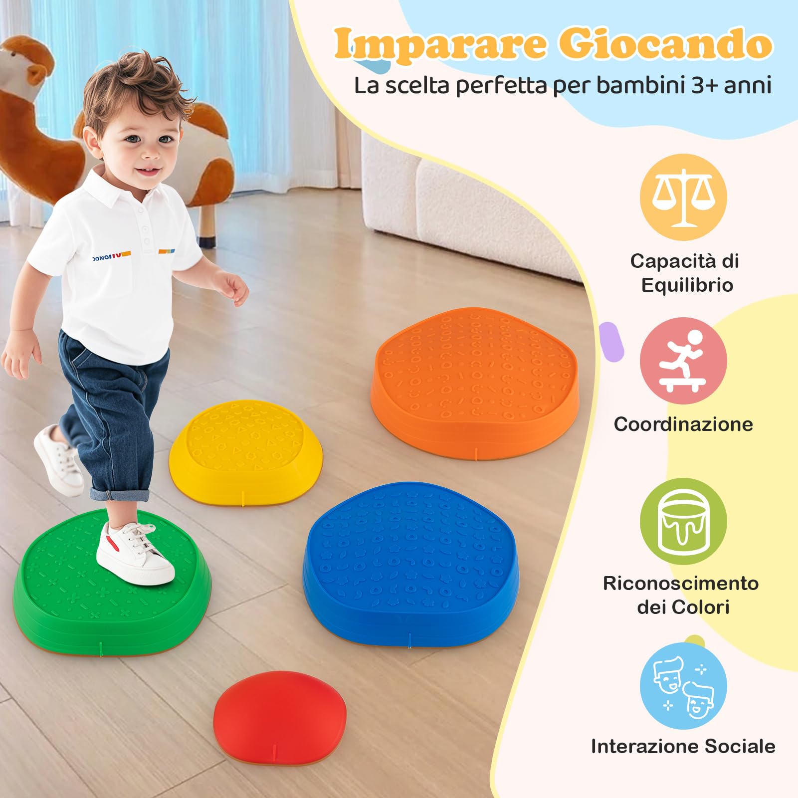 COSTWAY Pietre Equilibrio Bambini, Set di 5 Pietre di Bilanciamento Antiscivolo con Borsa per Trasporto per Abilità Motorie e Giochi di Coordinazione, Giocattoli Sensoriali per 3+ Anni