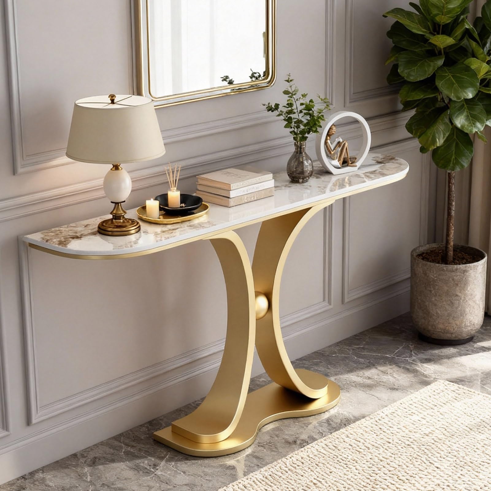 Modern Foyer Table Stone Slab Console Table for Entryway Sofa Tables Narrow Behind Couch for Living Room Hallway