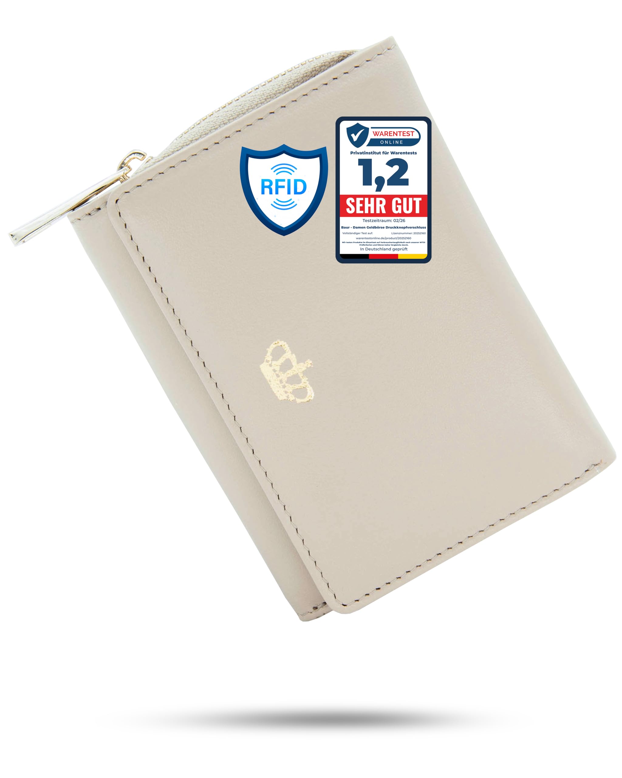 Baur Damen Geldbörse – Echtes Nappaleder mit RFID-Schutz – Portemonnaie mit Druckknopfverschluss, 6 Kartenfächern und Münzfach mit Metall-Reißverschluss (Creme, Gold Reißverschluss)