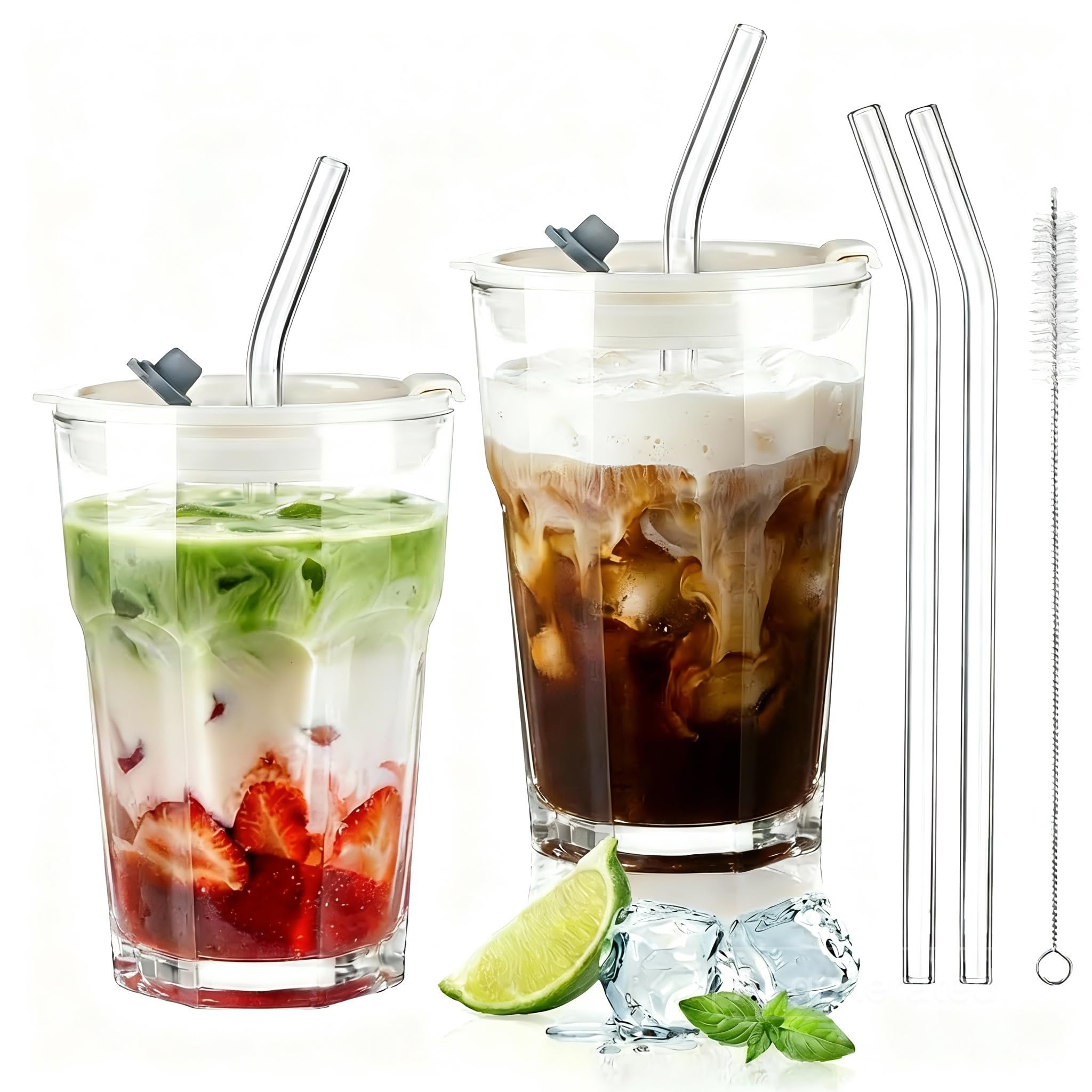 ecooe 430 ml żebrowane szklane kubki z pokrywką i słomką, 2 sztuki, szklane kubki do smoothie, mrożonej kawy, hermetyczne, wodoodporne szklanki do kawy, szklanki do picia soku matcha latte, mleka