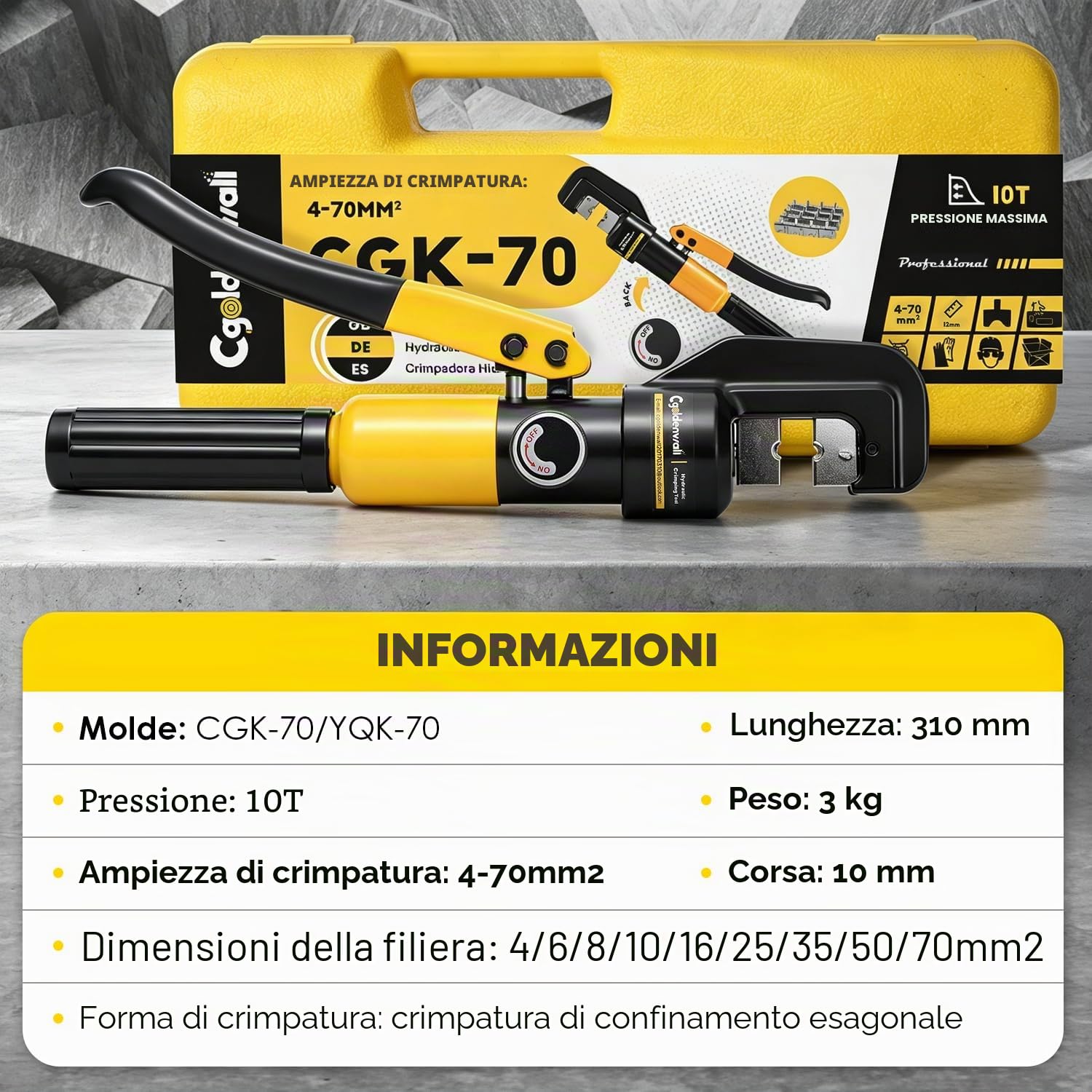 CGOLDENWALL Pinza Crimpatrice Idraulica 4-70mm² per Rame/Allumini | Gamma di Crimpatura 4–70 mm² con 9 Matrici, Terminali Rame/Alluminio, Testa Rotante 180°, 70% Meno Sforzo Manuale