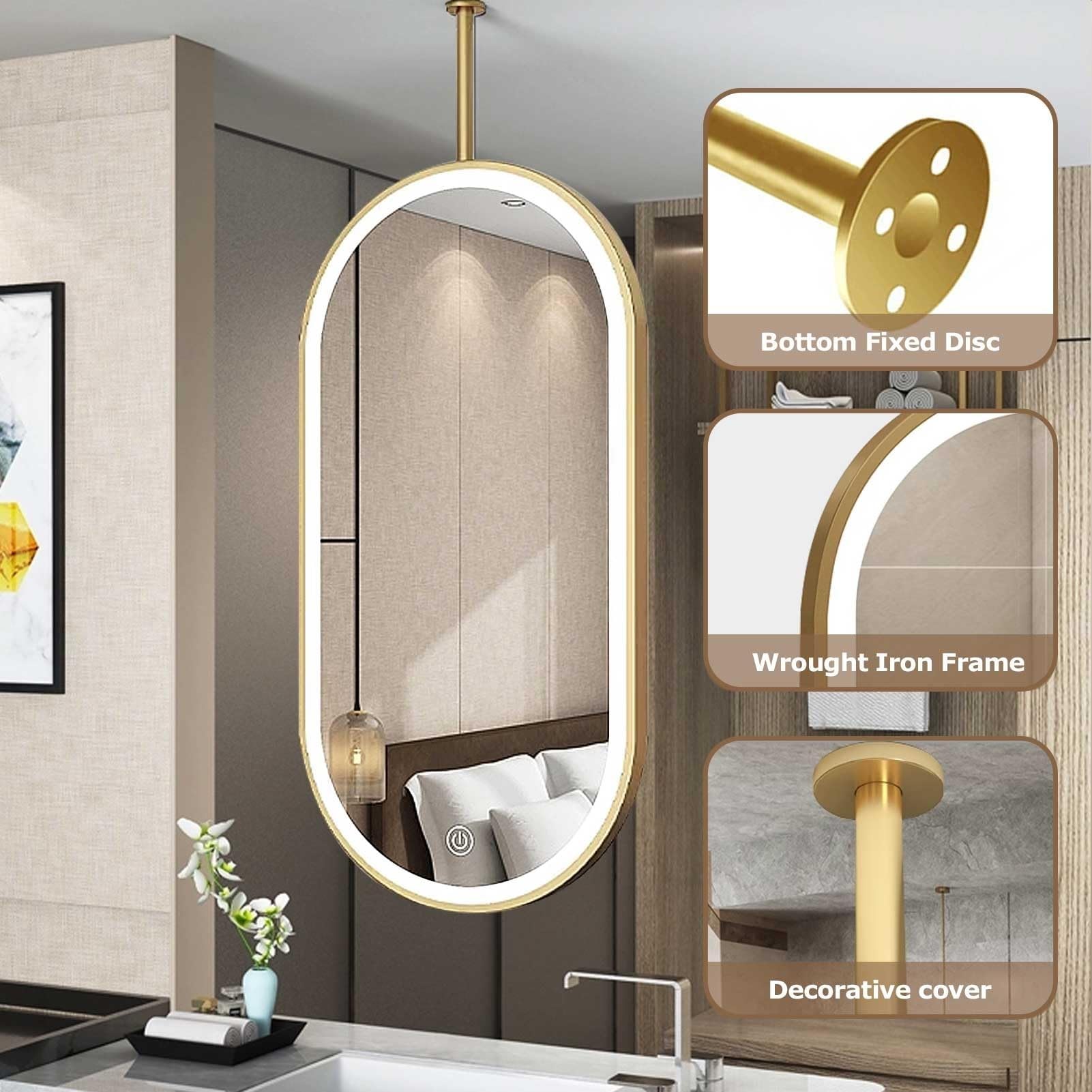 Specchio da soffitto con luce a LED, supporto ovale in metallo, luci dimmerabili a 3 colori, mobiletto a parete (asta personalizzabile)(Gold,40x80cm)