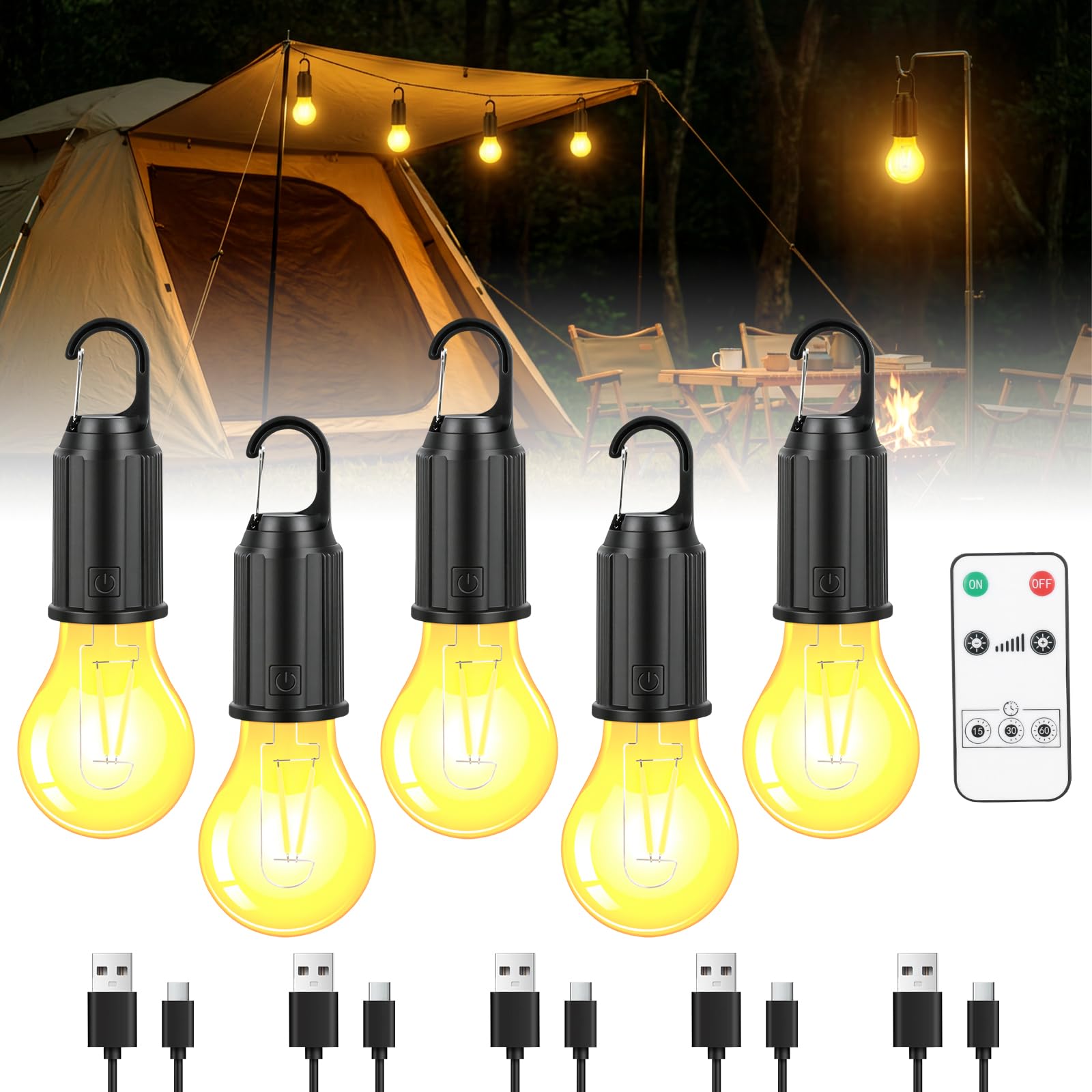 Campinglampe Aufladbar, 5 Stück Tragbare Camping Licht Glühbirne, 3 Helligkeitsmodi, Zeltlampe Glühbirne, Wasserdicht, USB-Ladung für Camping Abenteuer Angeln Garage Notfall Stromausfall