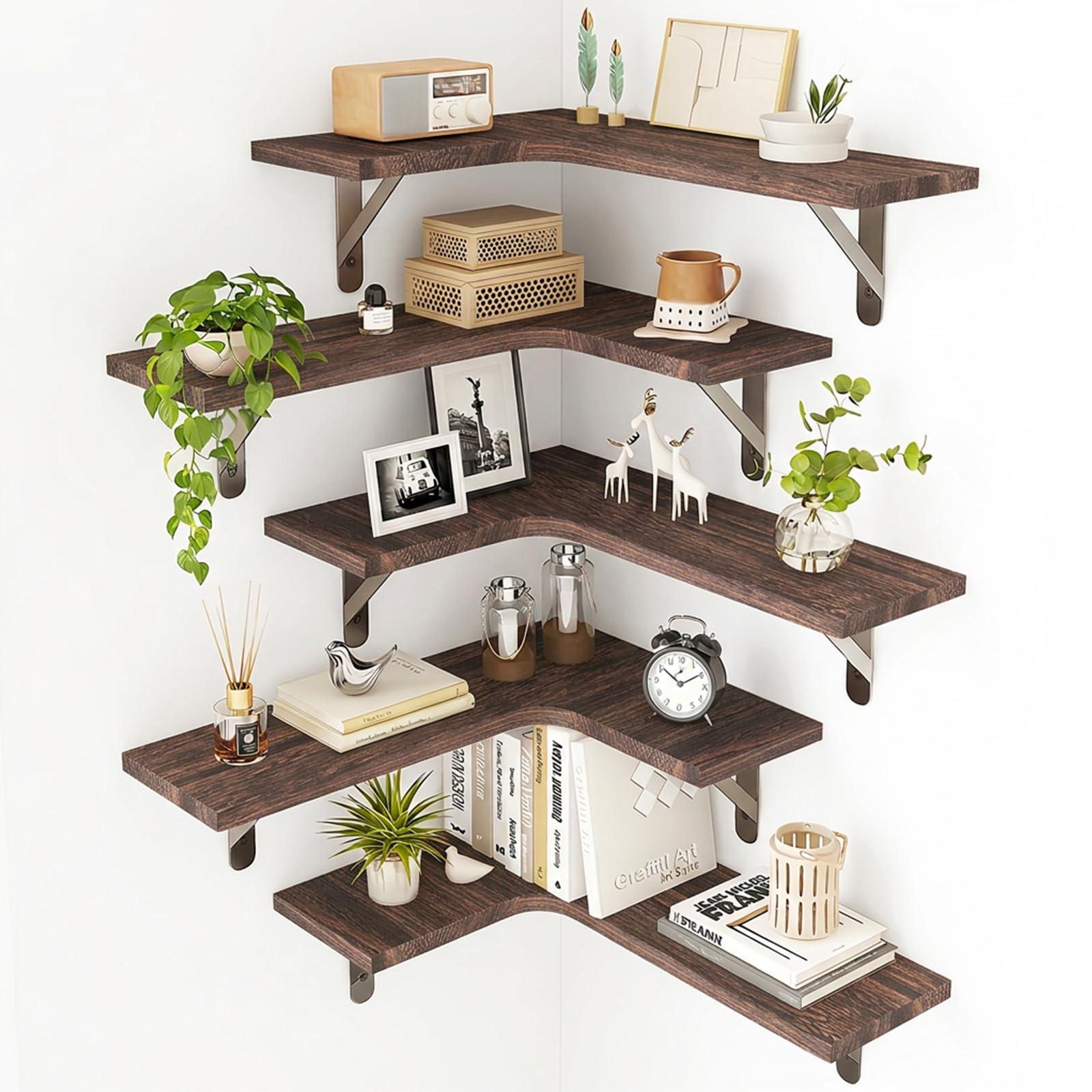 Fixwal Juego de 5 estantes flotantes para pared, estante esquinero de madera rústica para baño, cocina, dormitorio, decoración del hogar, lavandería, sala de estar (marrón nogal)