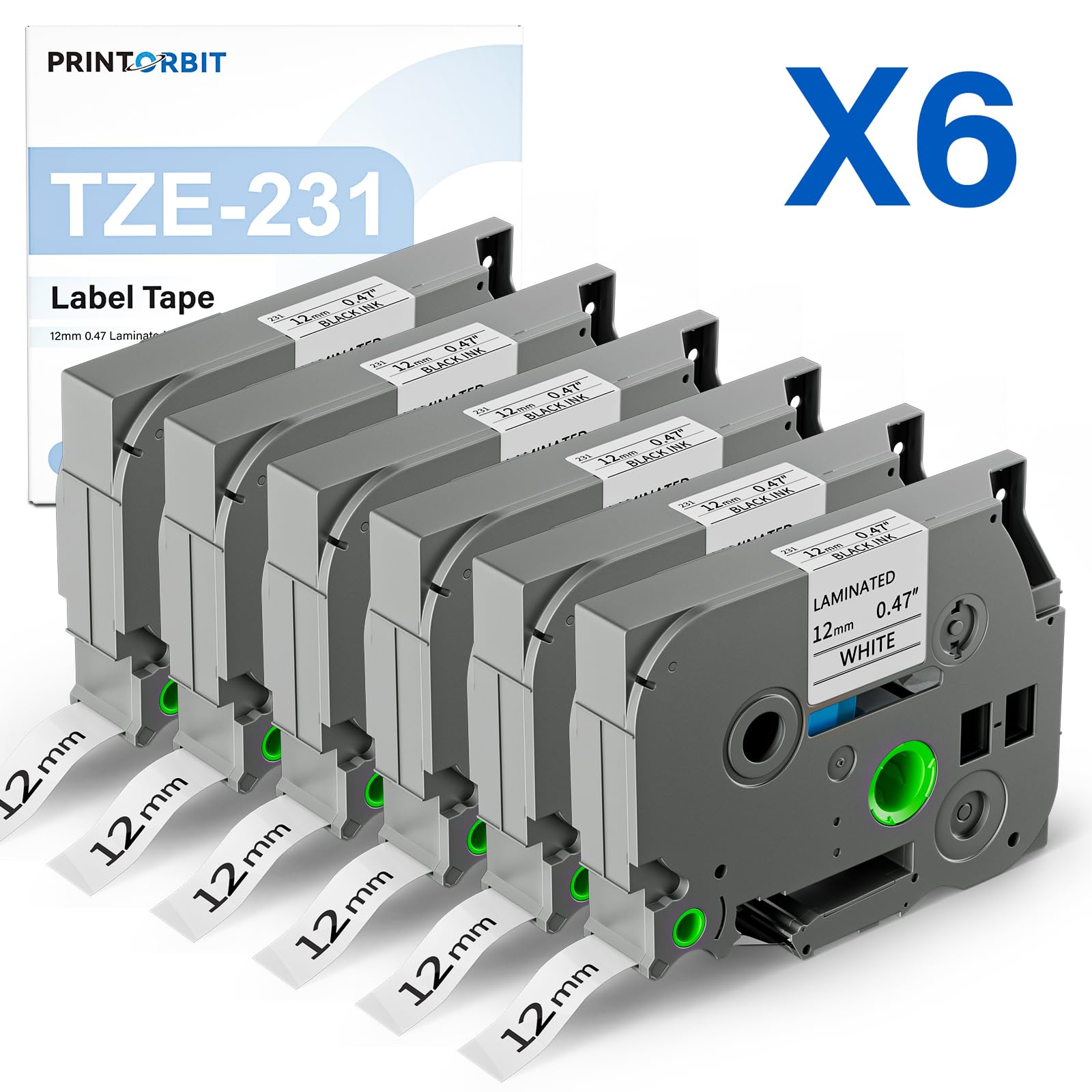 Brother P-touch Tze-231 12mm Ruban Laminé Noir sur Blanc Compatible